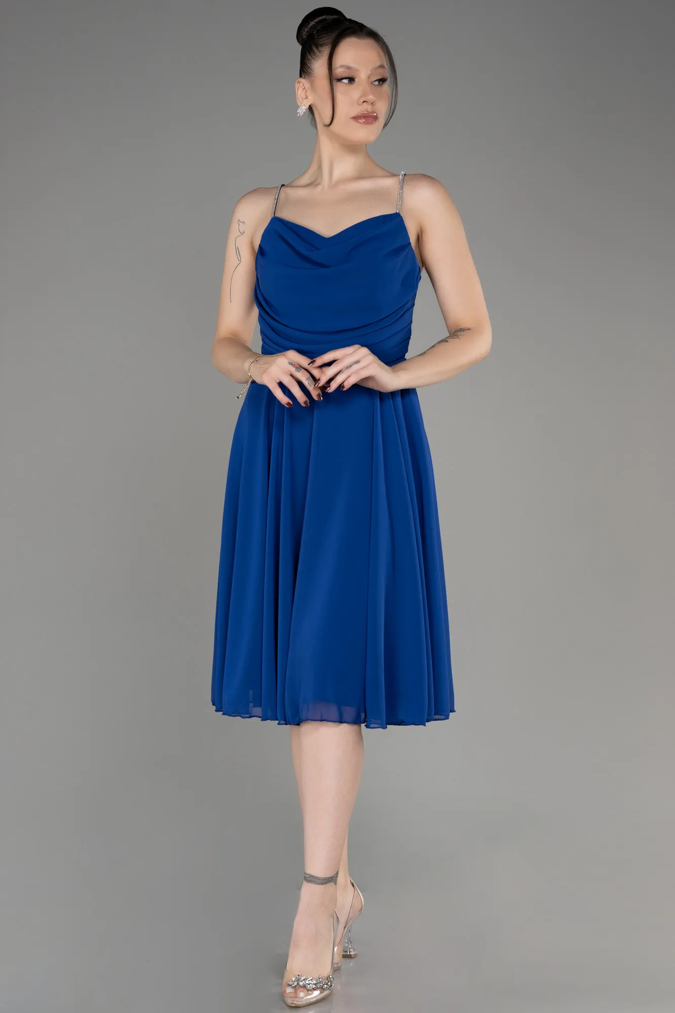 Sax Blue-Midi Chiffon Evening Dress ABK1986
