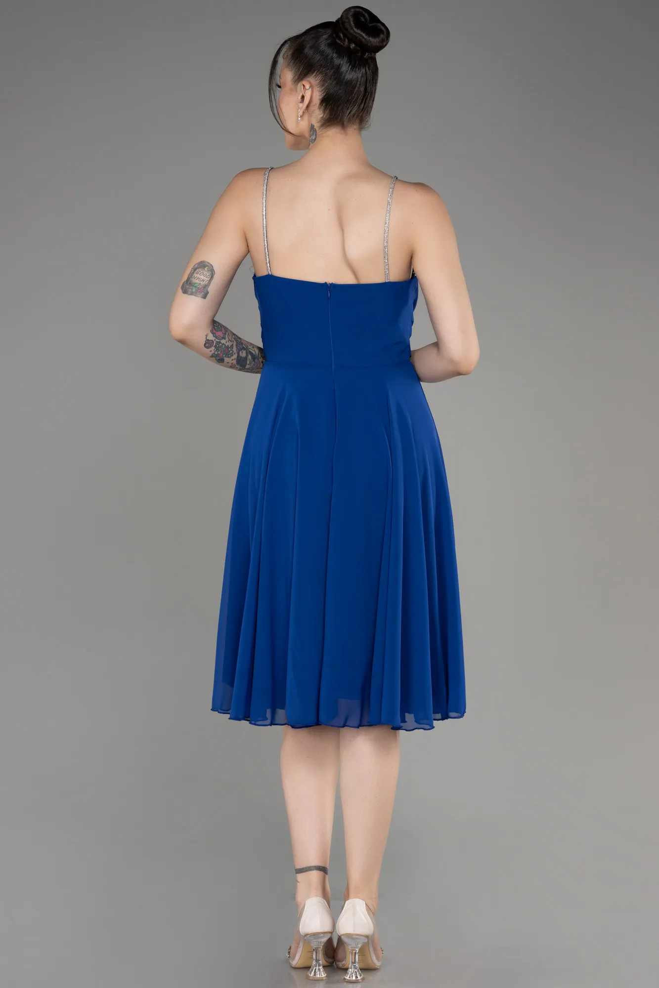 Sax Blue-Midi Chiffon Evening Dress ABK1986