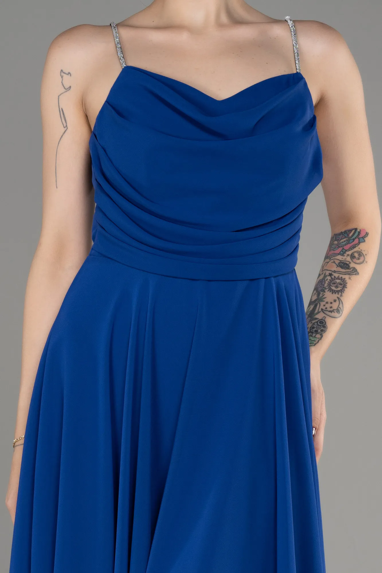 Sax Blue-Midi Chiffon Evening Dress ABK1986