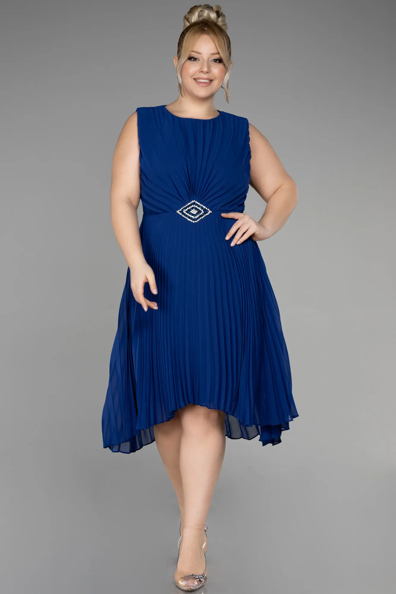 Sax Blue-Midi Chiffon Plus Size Cocktail Dress ABK1953