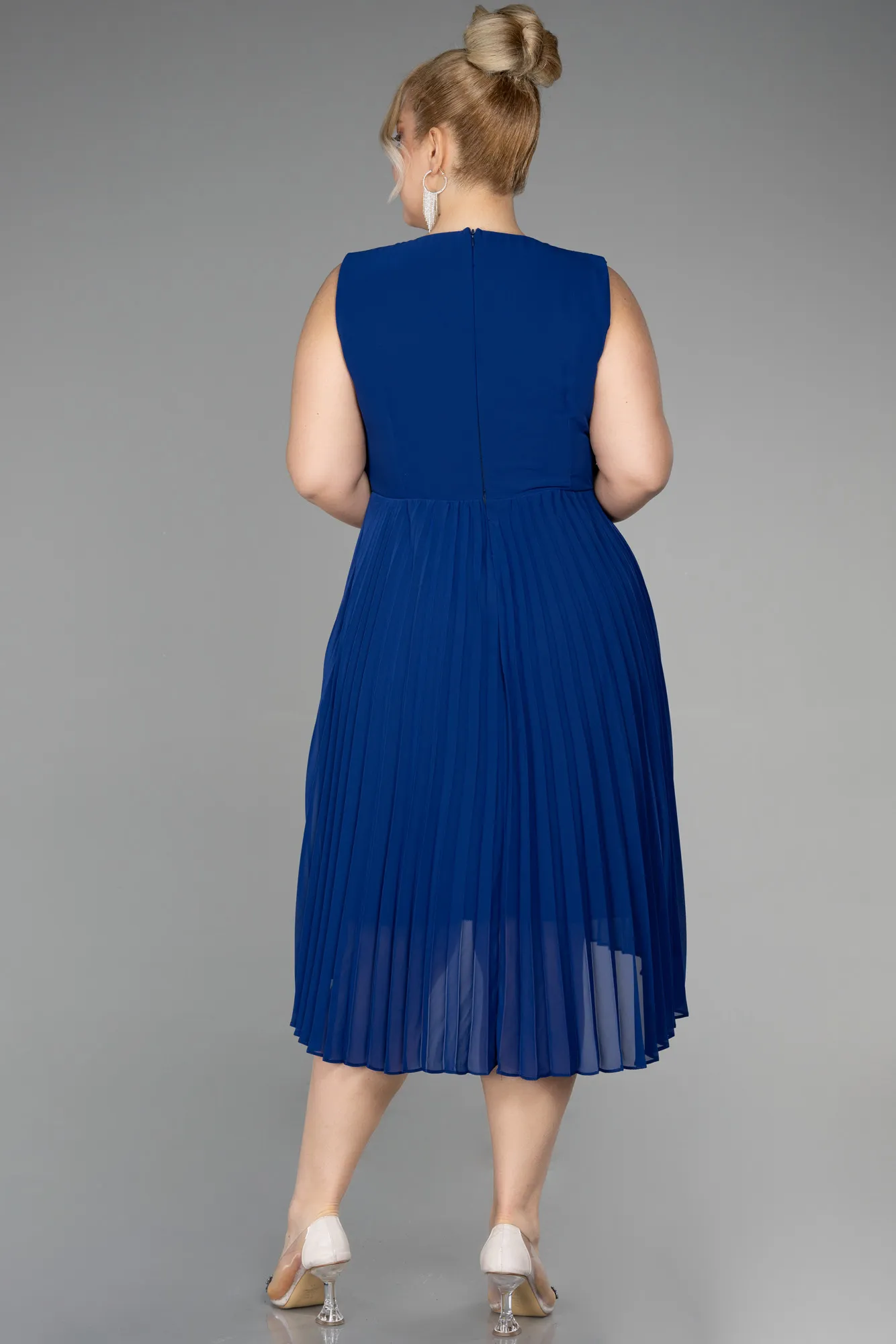 Sax Blue-Midi Chiffon Plus Size Cocktail Dress ABK1953
