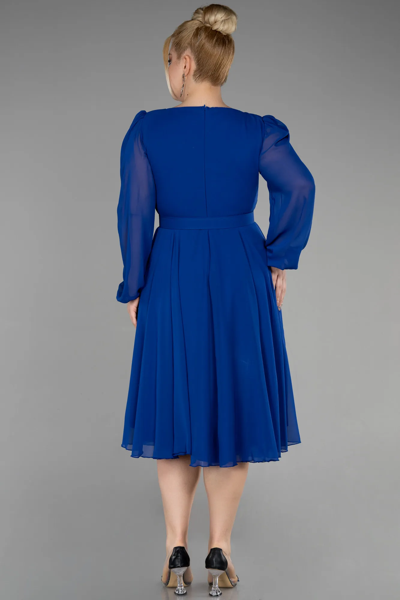 Sax Blue-Midi Chiffon Plus Size Cocktail Dress ABK1970