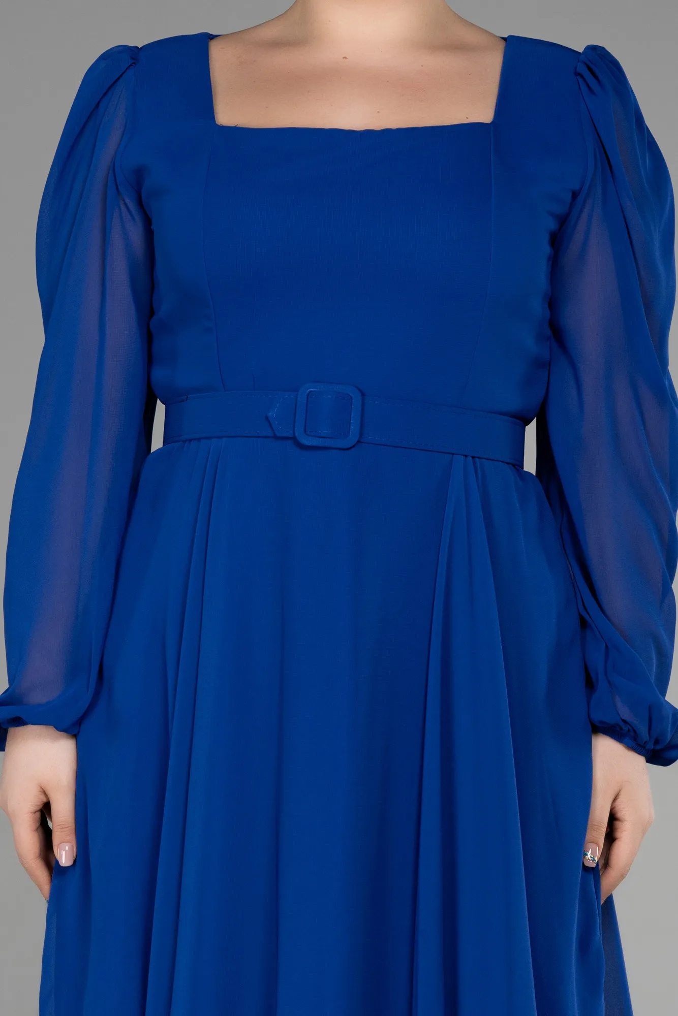 Sax Blue-Midi Chiffon Plus Size Cocktail Dress ABK1970