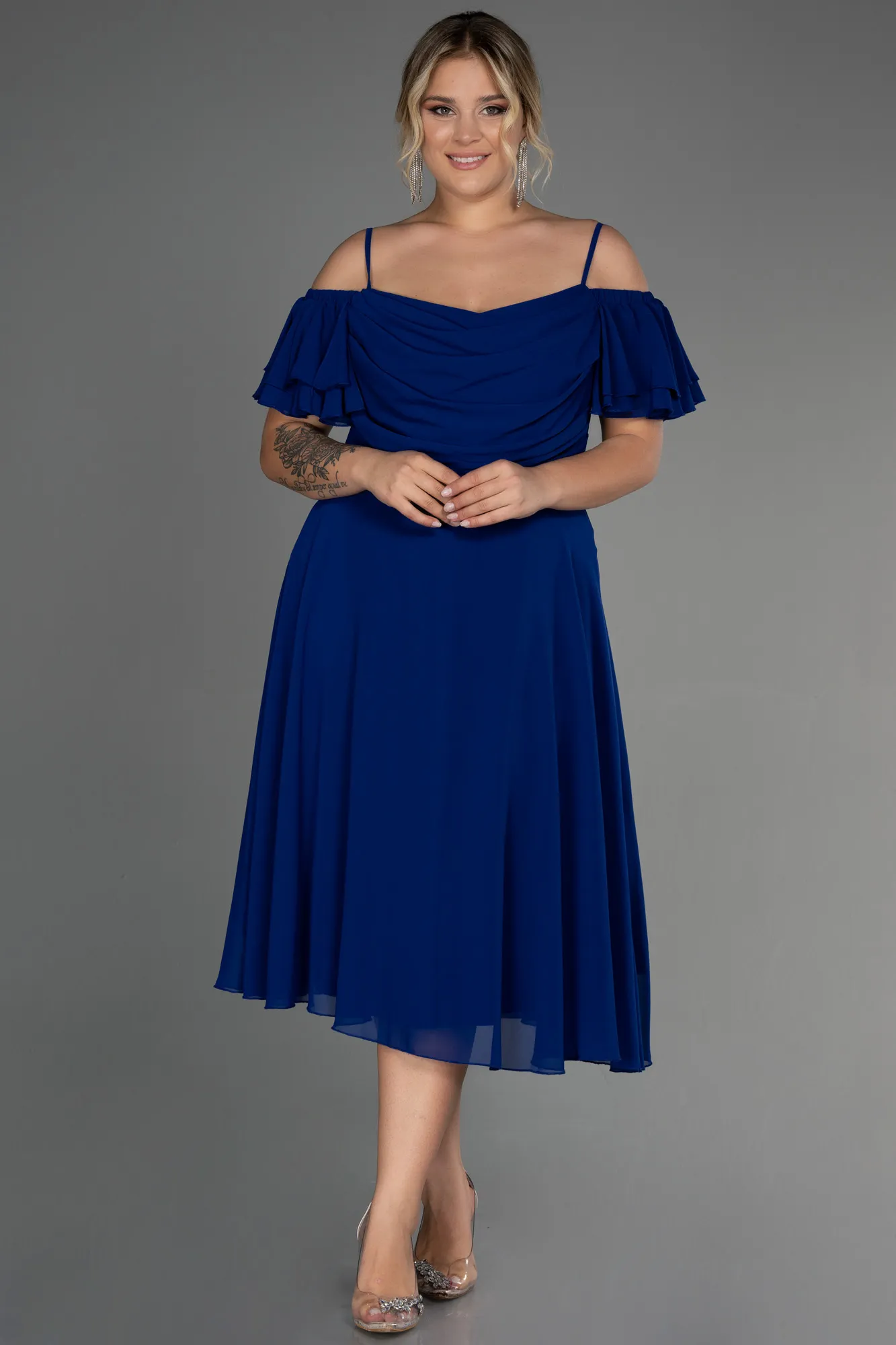 Sax Blue-Midi Chiffon Plus Size Evening Dress ABK1475