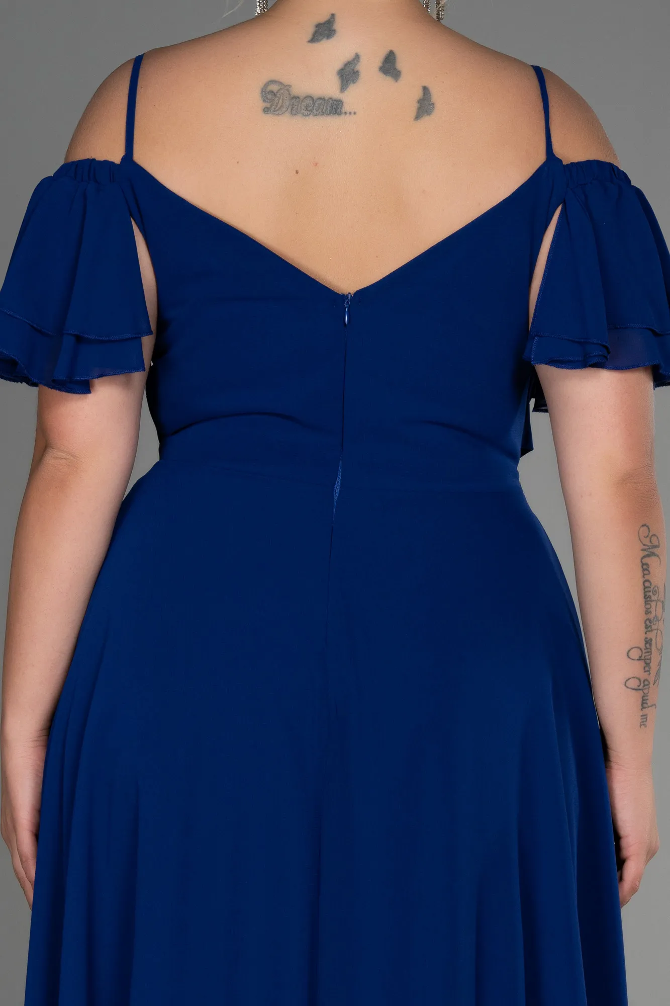 Sax Blue-Midi Chiffon Plus Size Evening Dress ABK1475