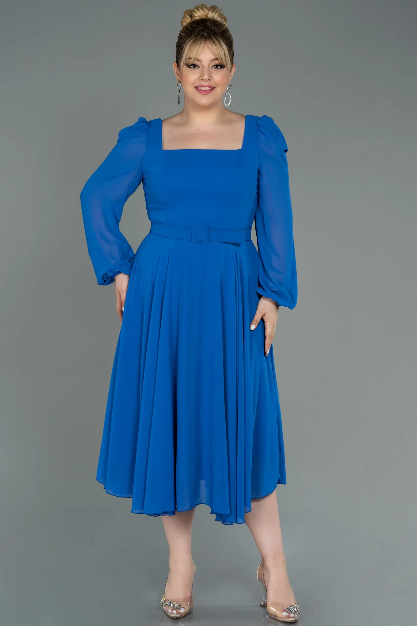 Sax Blue-Midi Chiffon Plus Size Evening Dress ABK1753