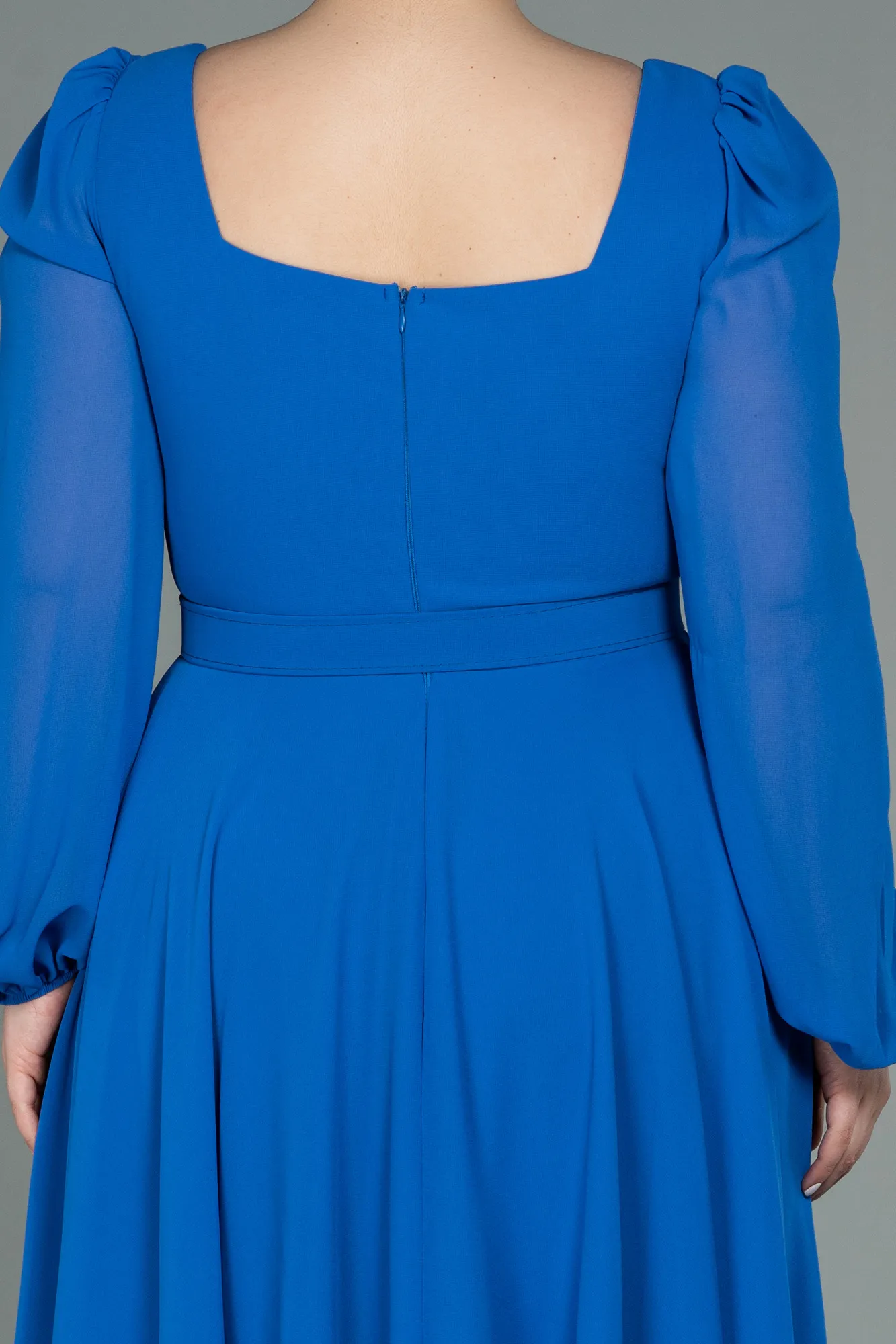 Sax Blue-Midi Chiffon Plus Size Evening Dress ABK1753