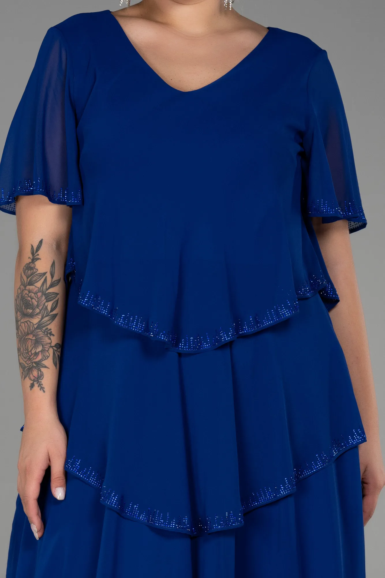 Sax Blue-Midi Chiffon Plus Size Evening Dress ABK1825