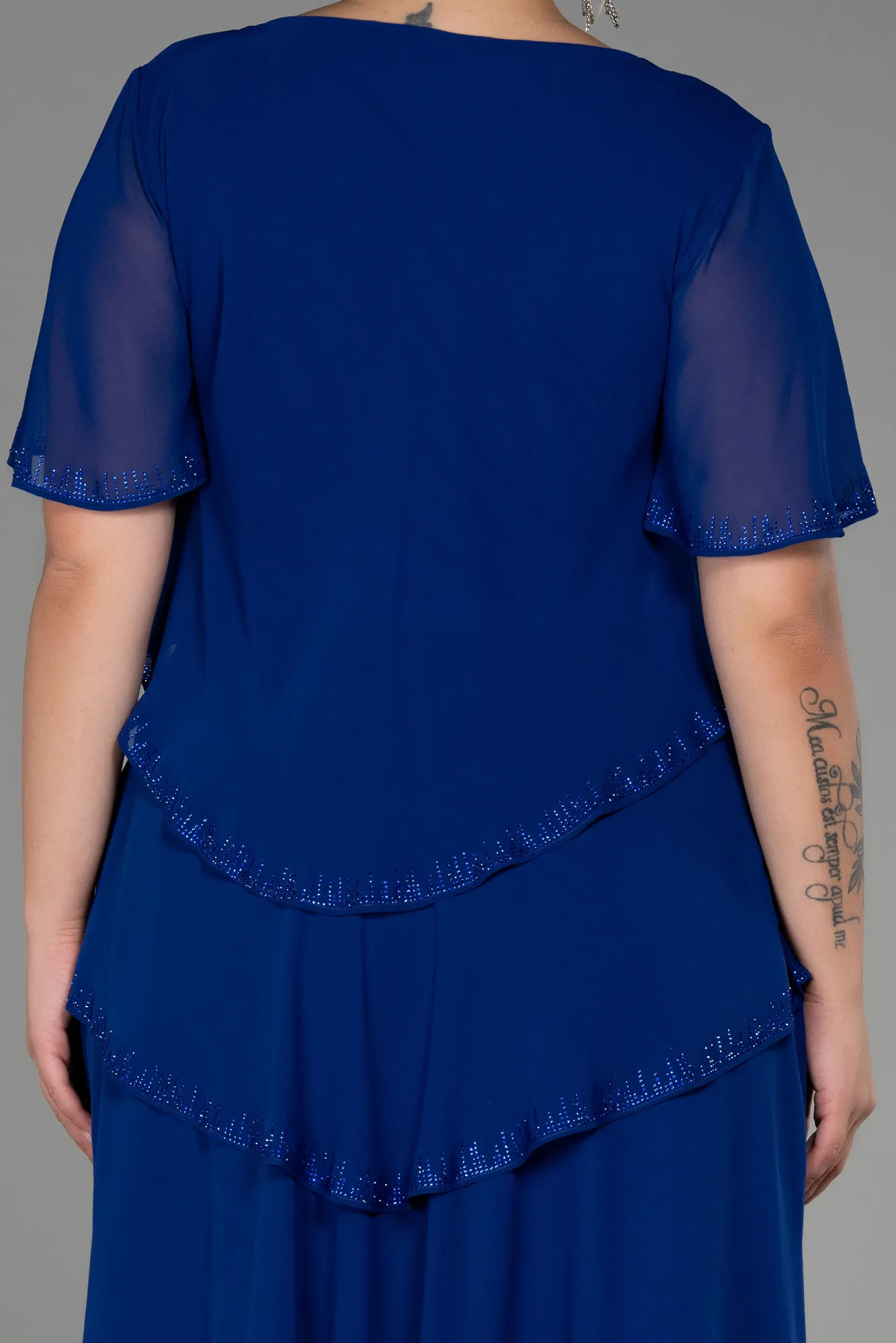 Sax Blue-Midi Chiffon Plus Size Evening Dress ABK1825