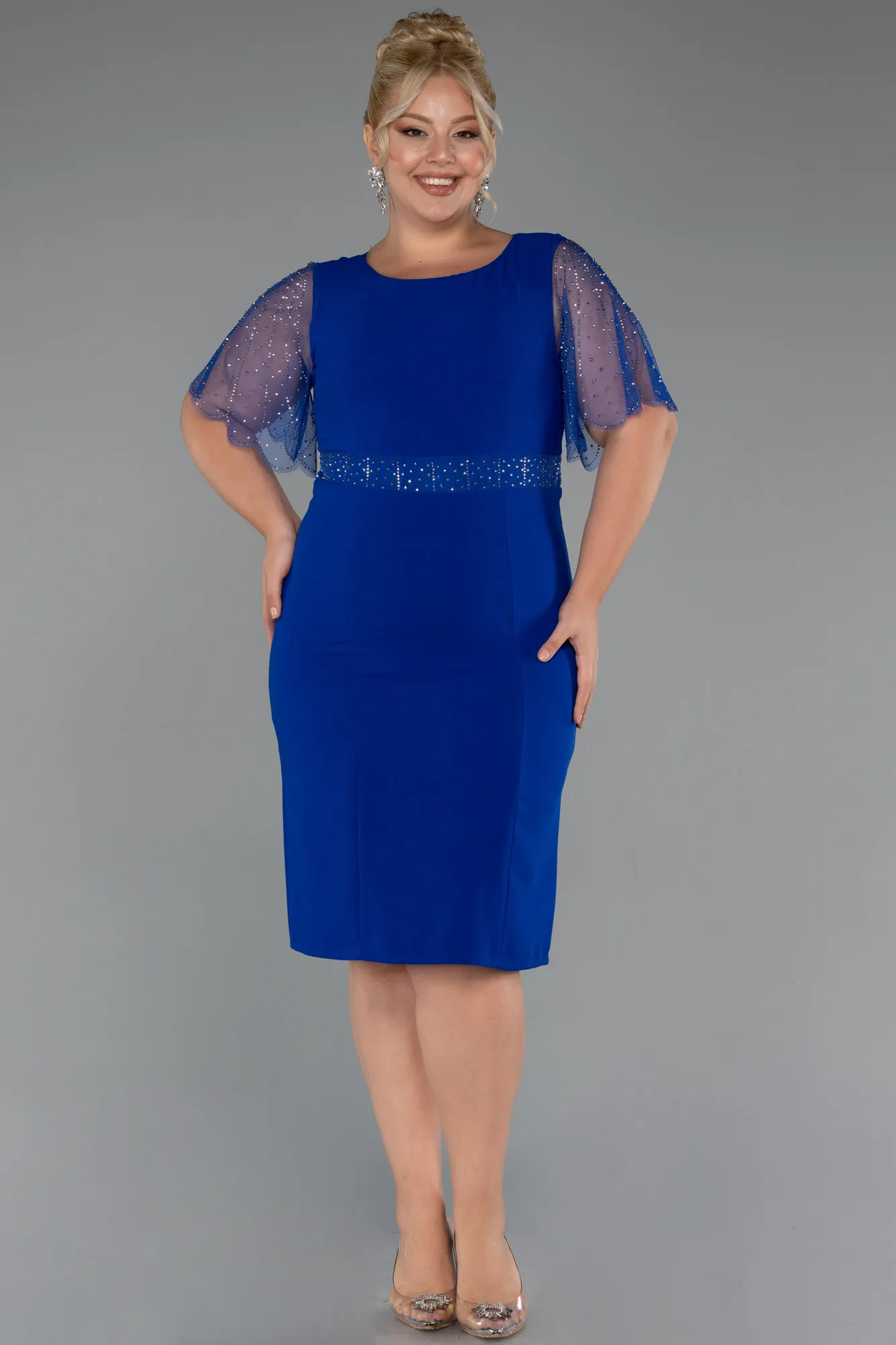 Sax Blue-Midi Plus Size Cocktail Dress ABK2381