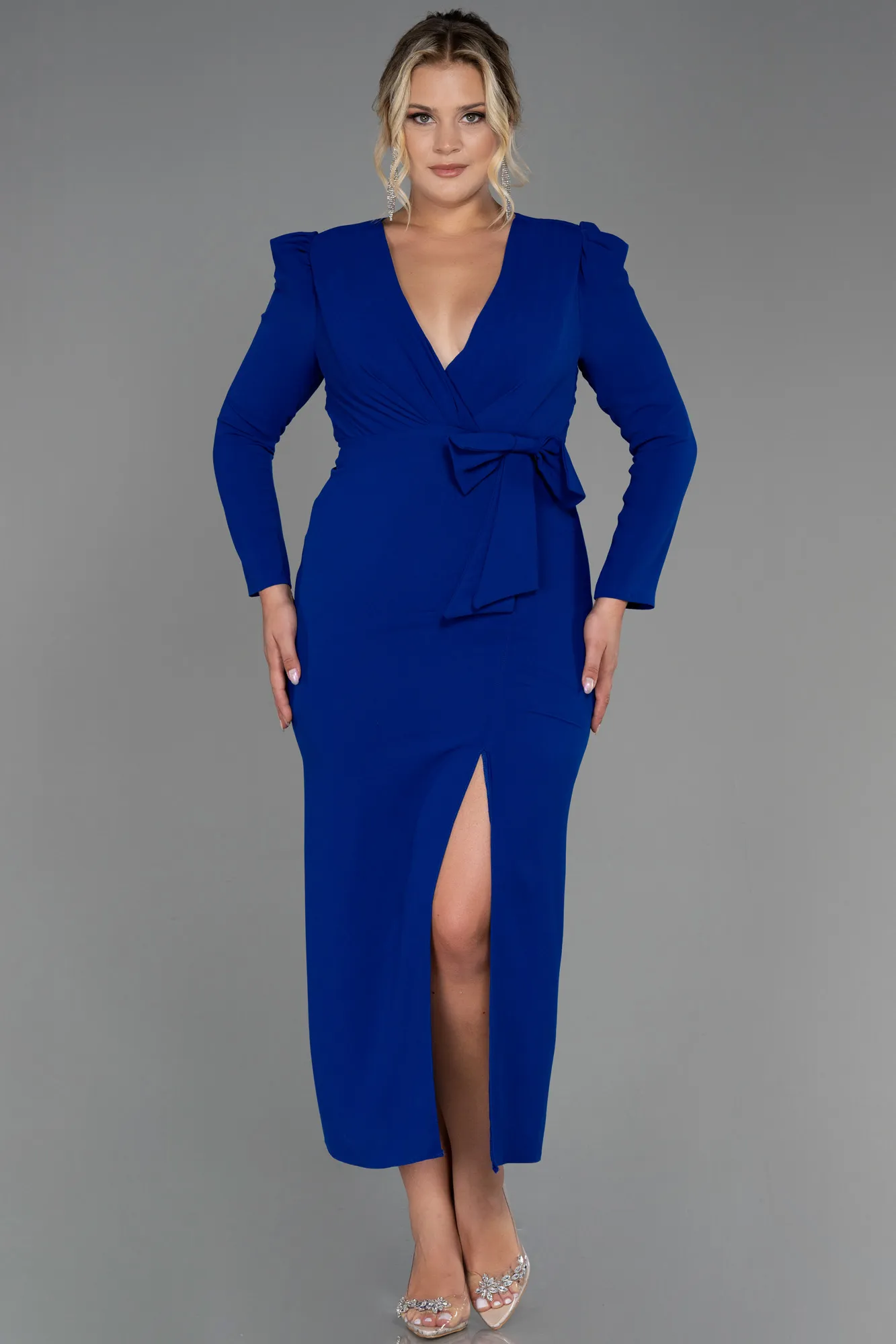 Sax Blue-Midi Plus Size Evening Dress ABK1535