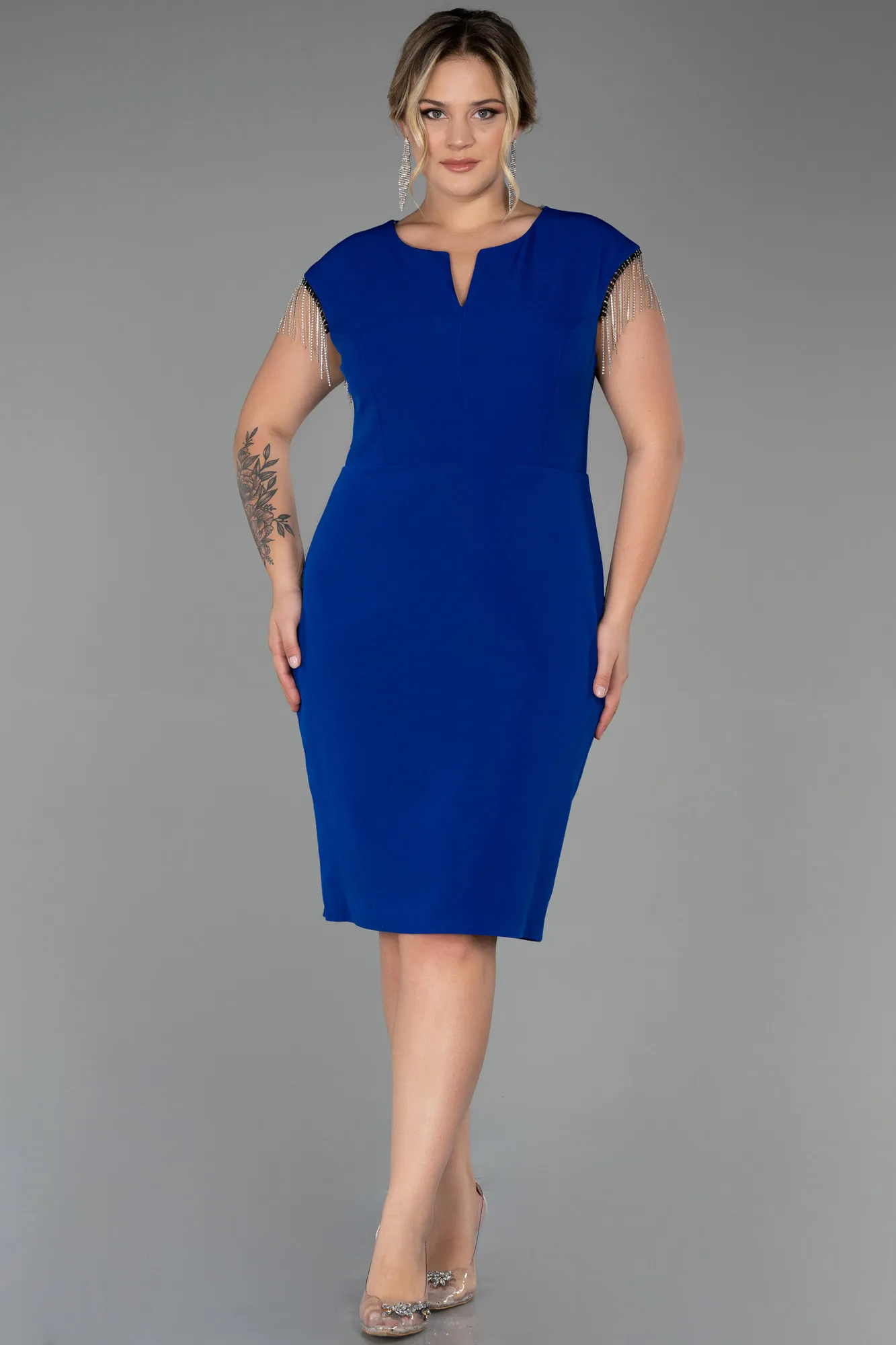 Sax Blue-Midi Plus Size Evening Dress ABK1851