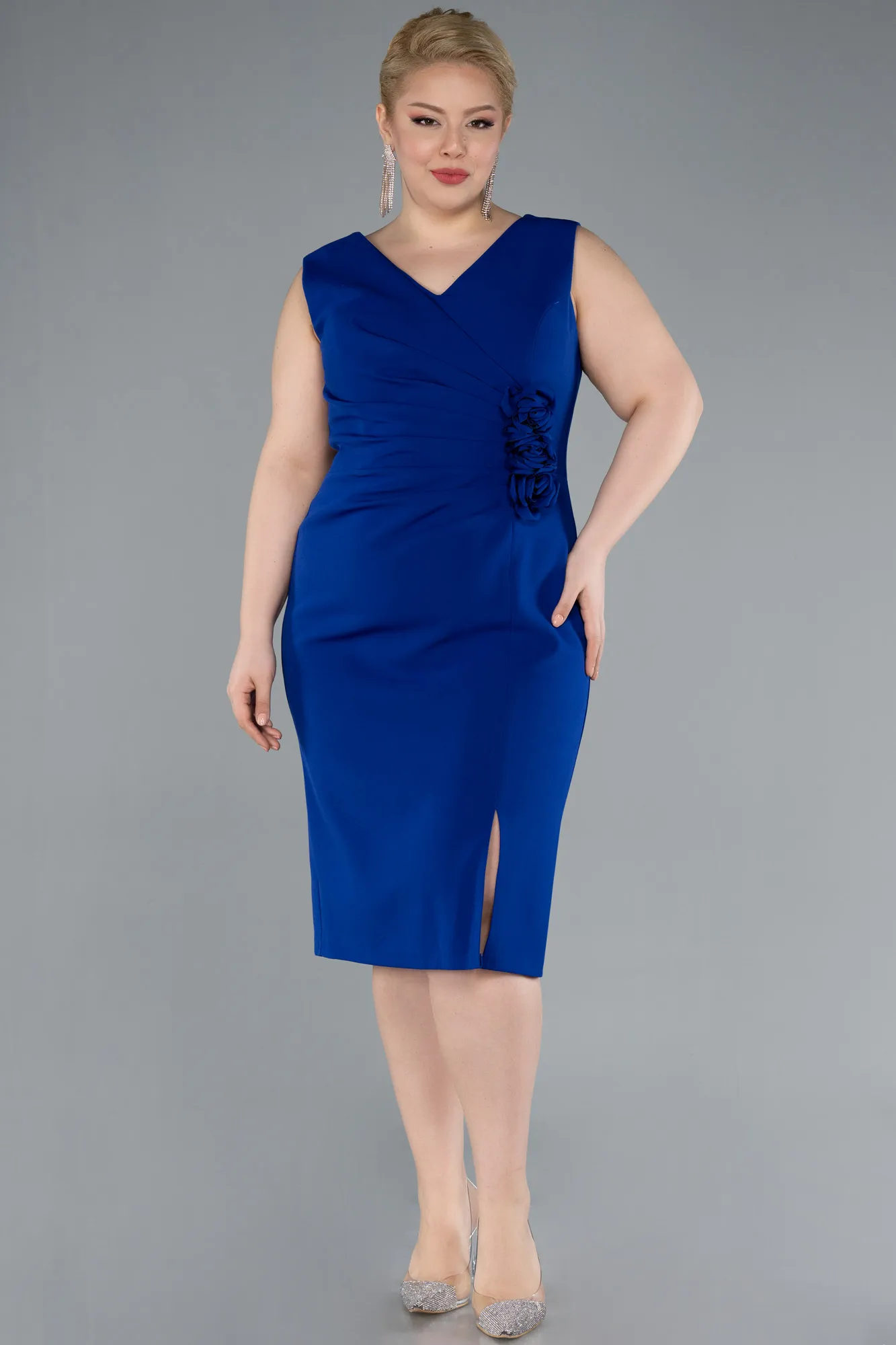 Sax Blue-Midi Plus Size Party Dress ABK2320