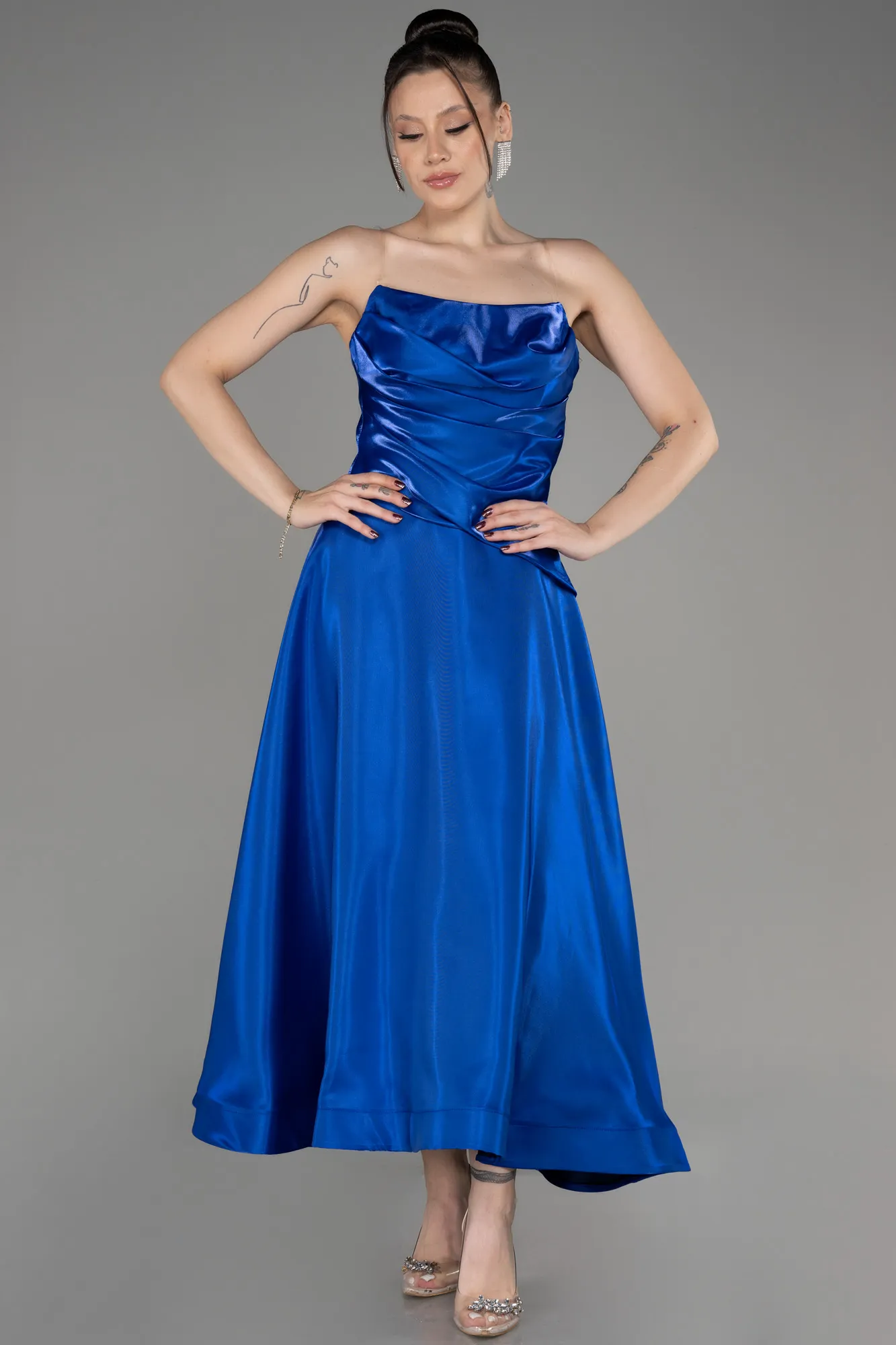 Sax Blue-Midi Satin Cocktail Dress ABK2018