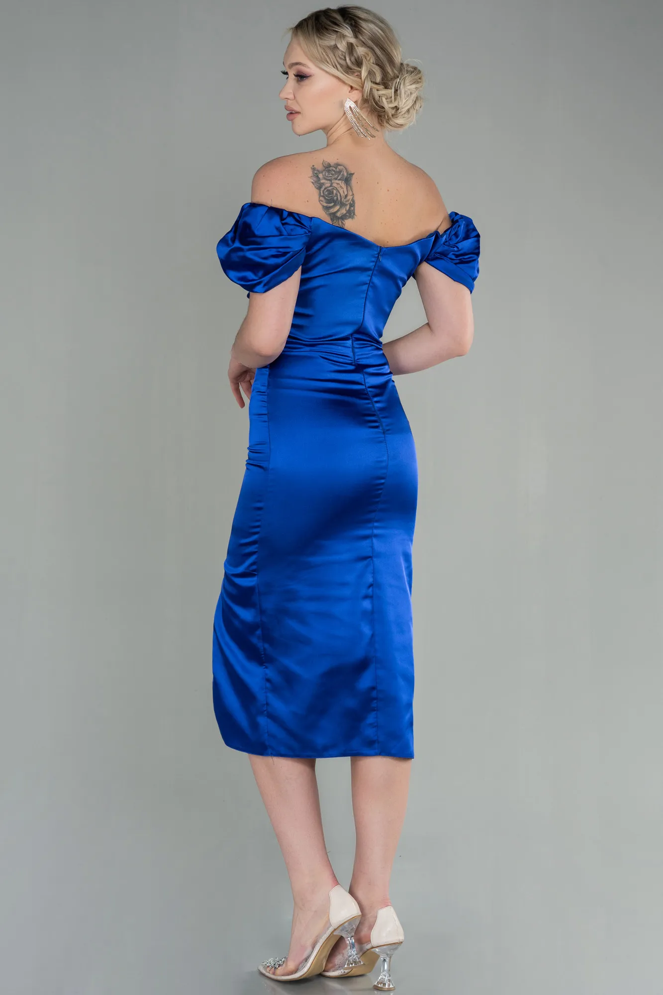 Sax Blue-Midi Satin Night Dress ABK1601
