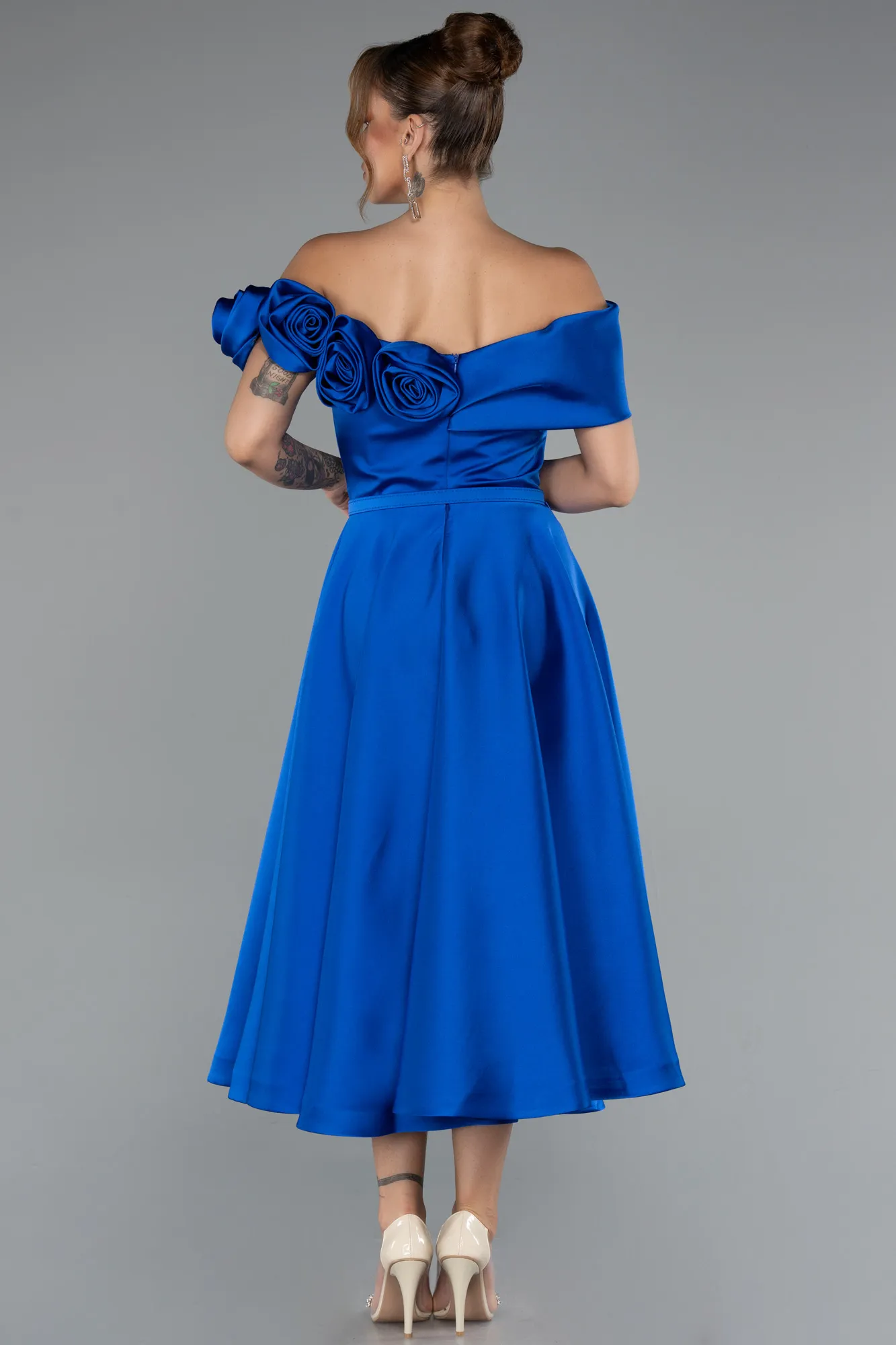 Sax Blue-Midi Satin Party Dress ABK2410
