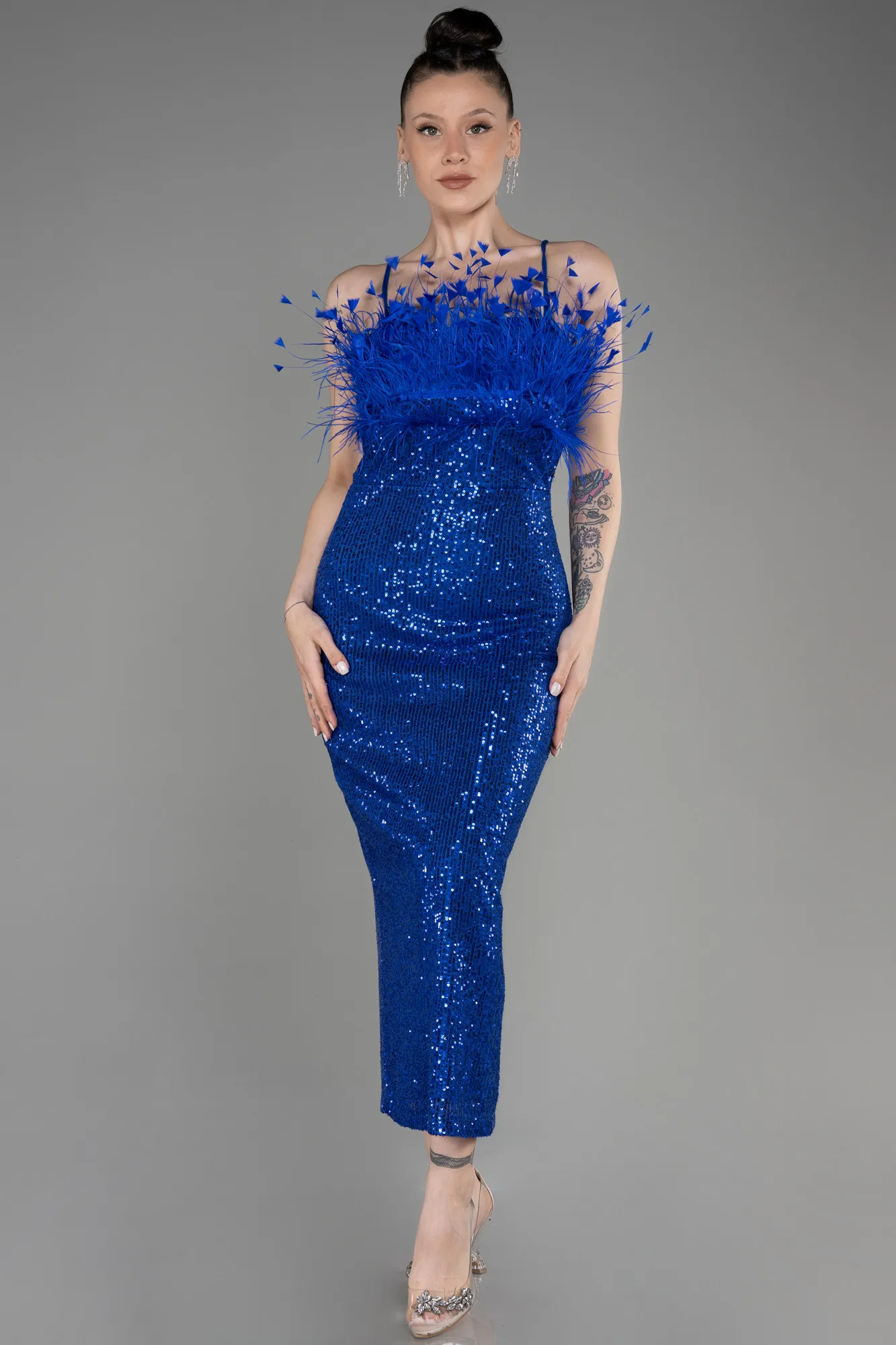 Sax Blue-Midi Scaly Cocktail Dress ABU3812
