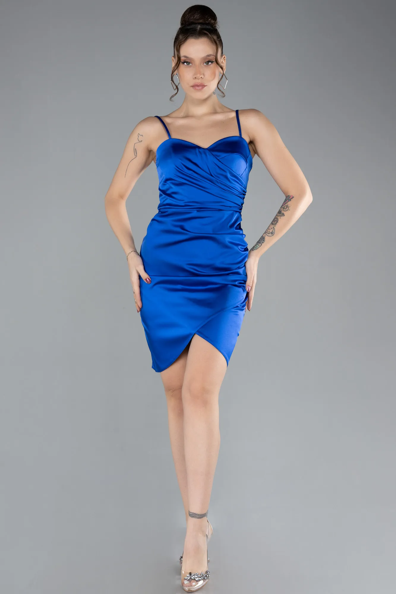 Sax Blue-Mini Satin Cocktail Dress ABK2174