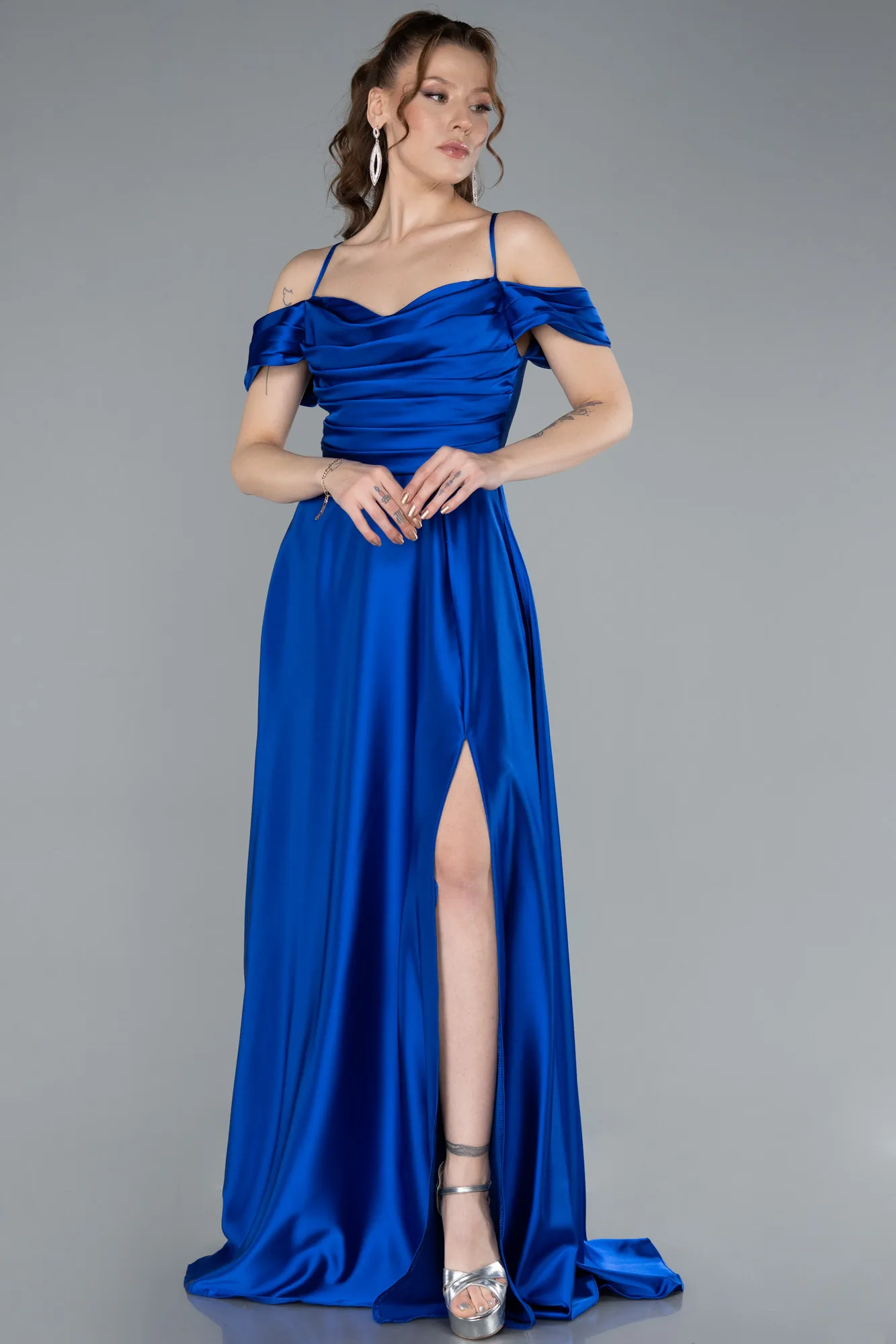 Sax Blue-Off The Shoulder Slit Long Satin Prom Dress ABU4703