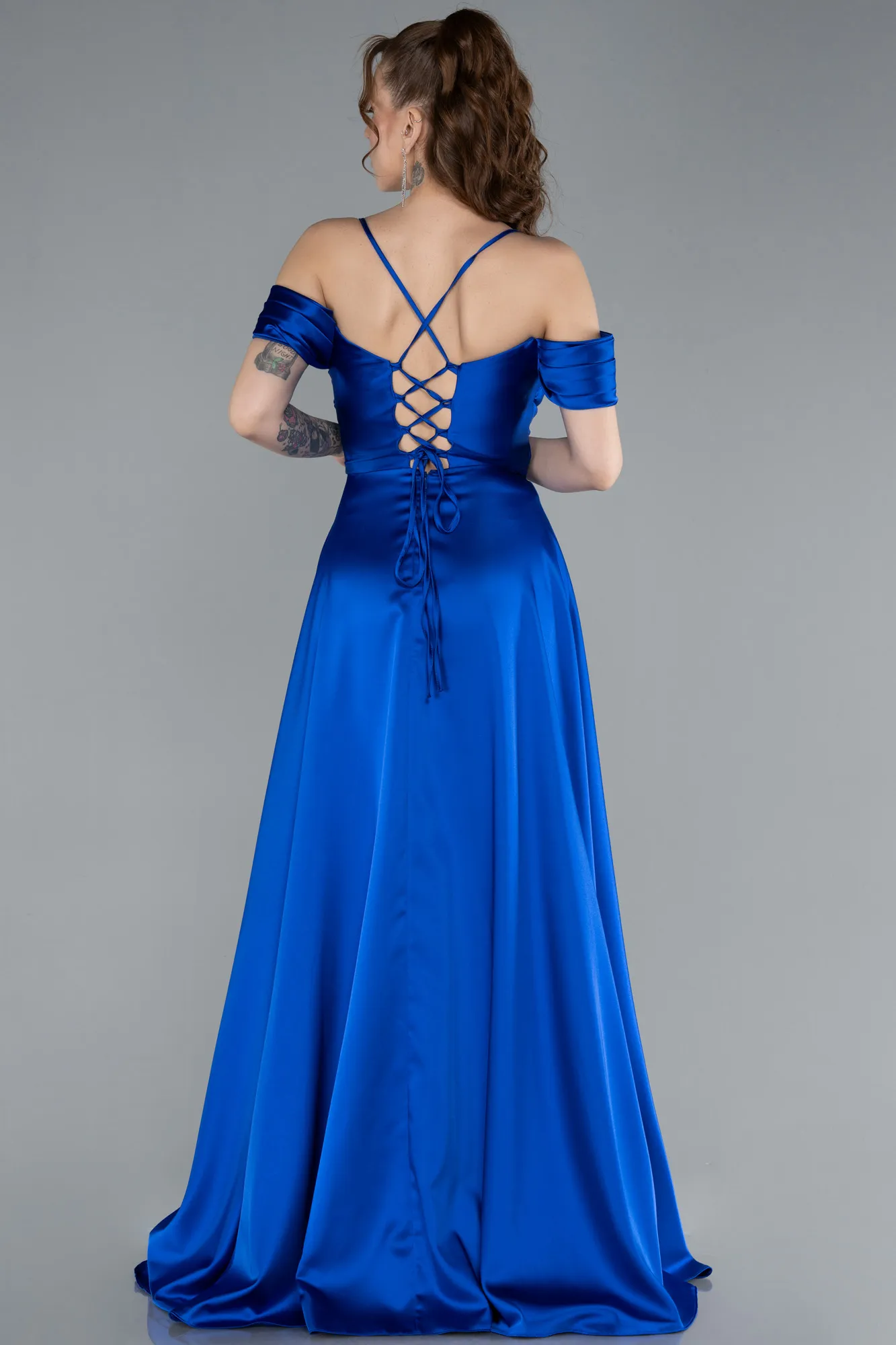 Sax Blue-Off The Shoulder Slit Long Satin Prom Dress ABU4703