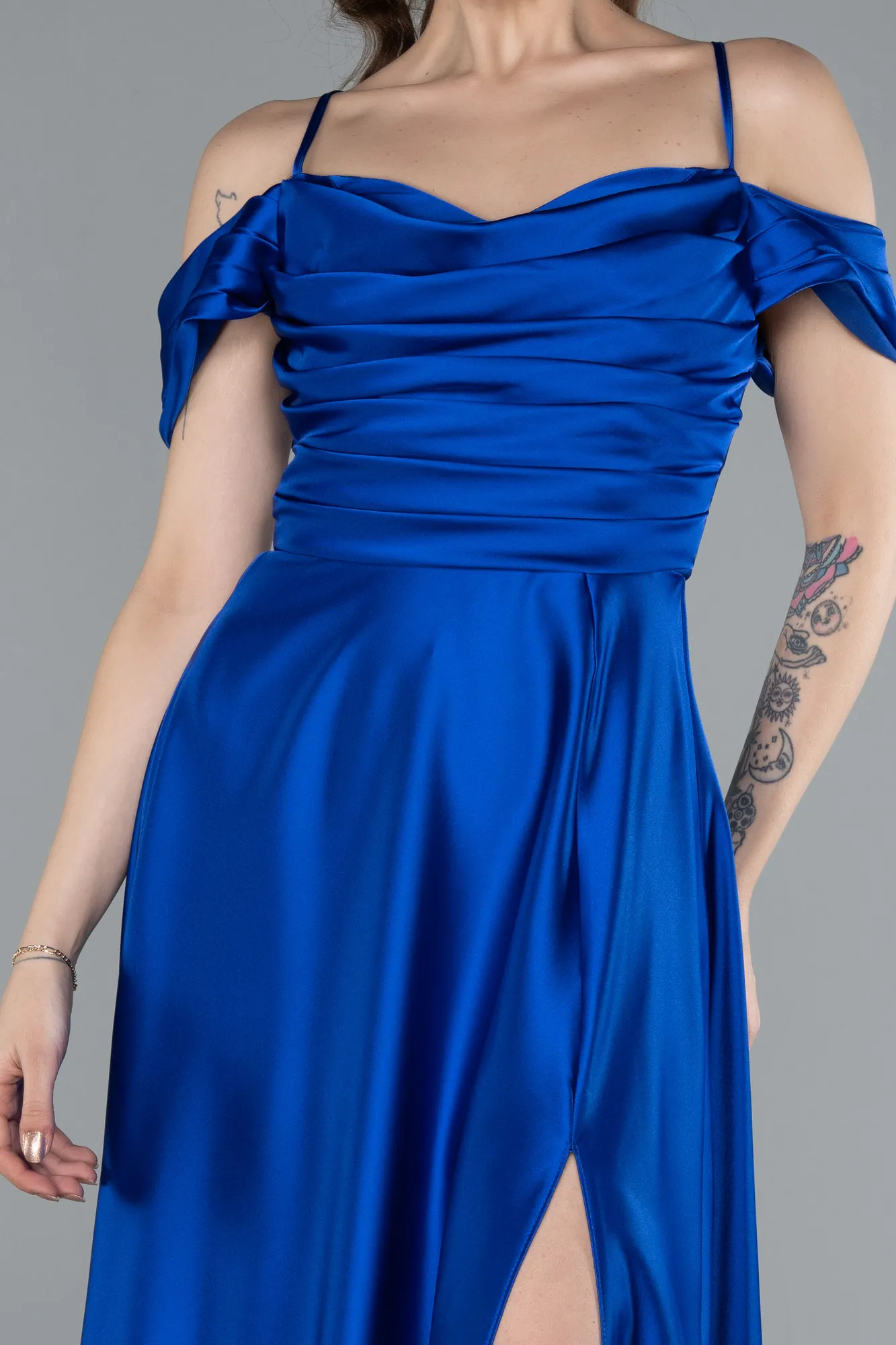 Sax Blue-Off The Shoulder Slit Long Satin Prom Dress ABU4703