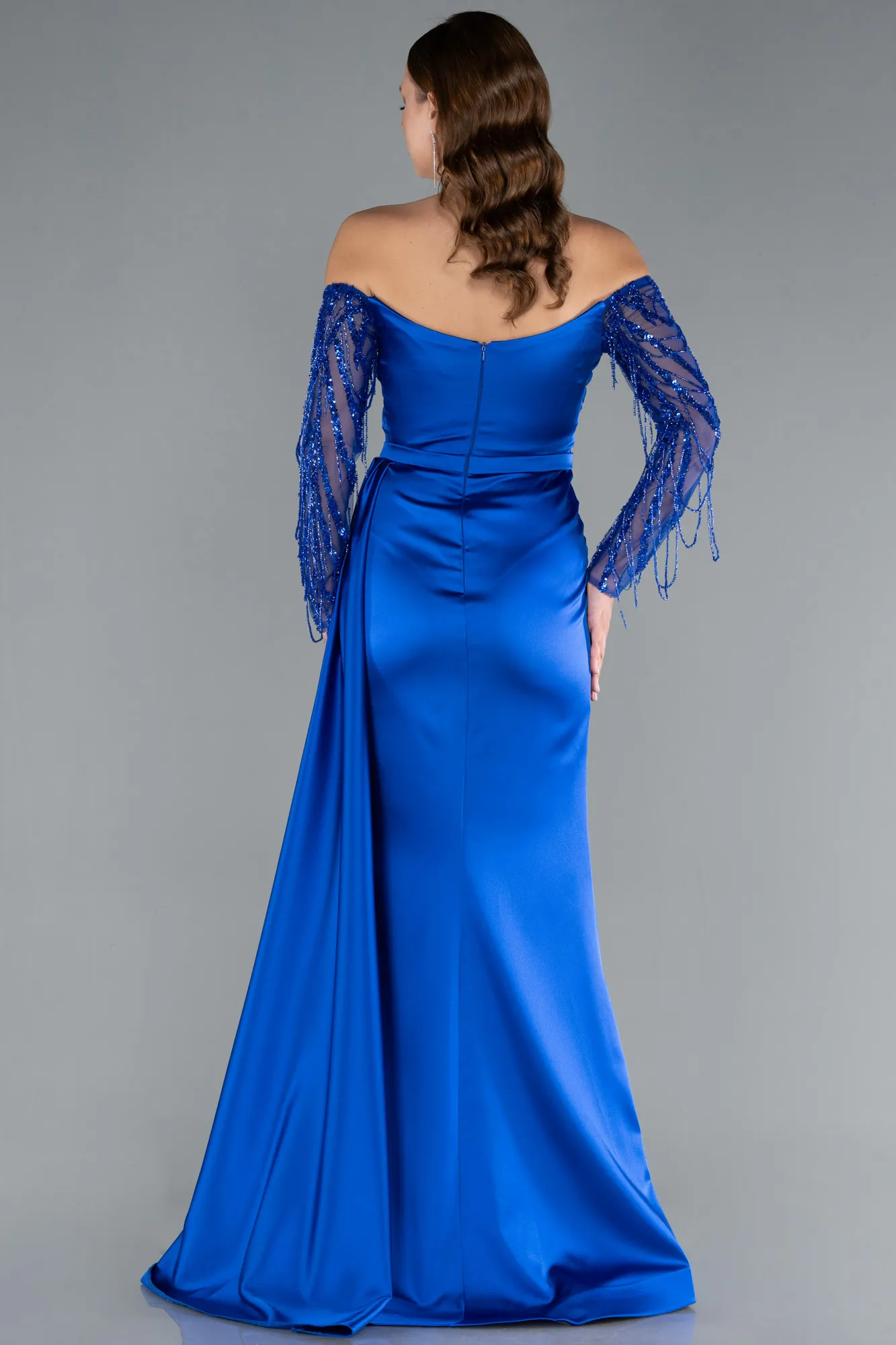 Sax Blue-Off The Shoulder Stone Long Sleeve Slit Satin Evening Gown ABU4792