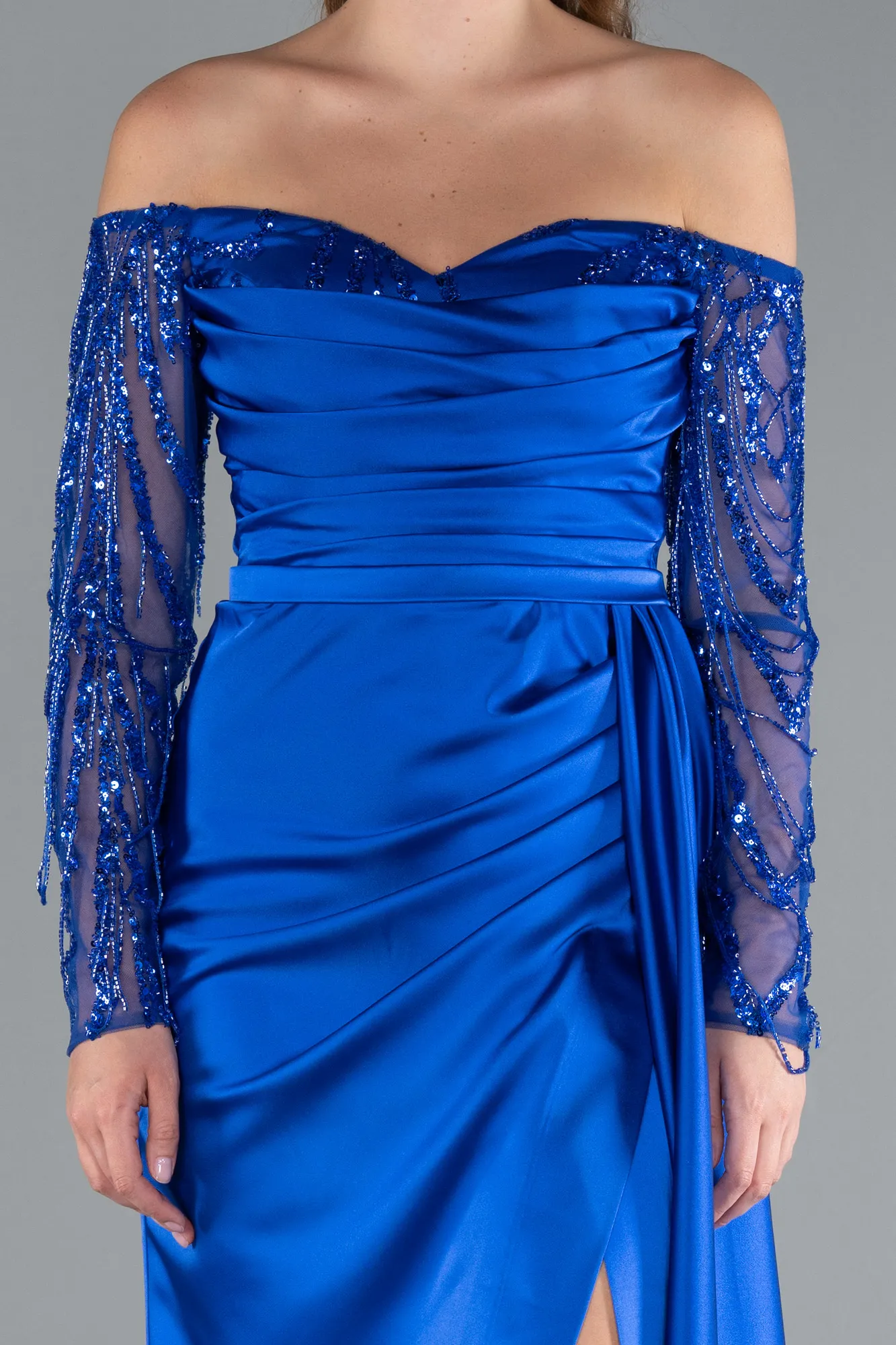 Sax Blue-Off The Shoulder Stone Long Sleeve Slit Satin Evening Gown ABU4792