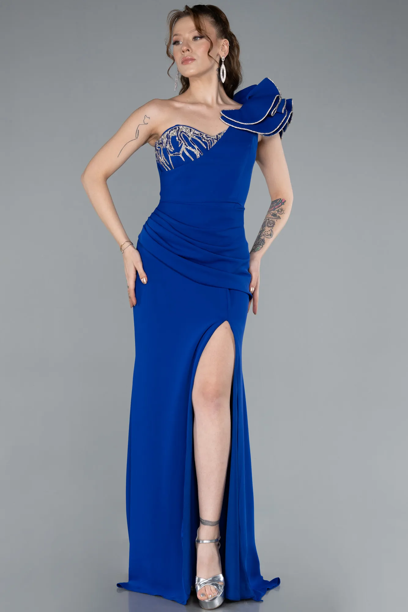 Sax Blue-One Shoulder Slit Long Evening Gown ABU4692