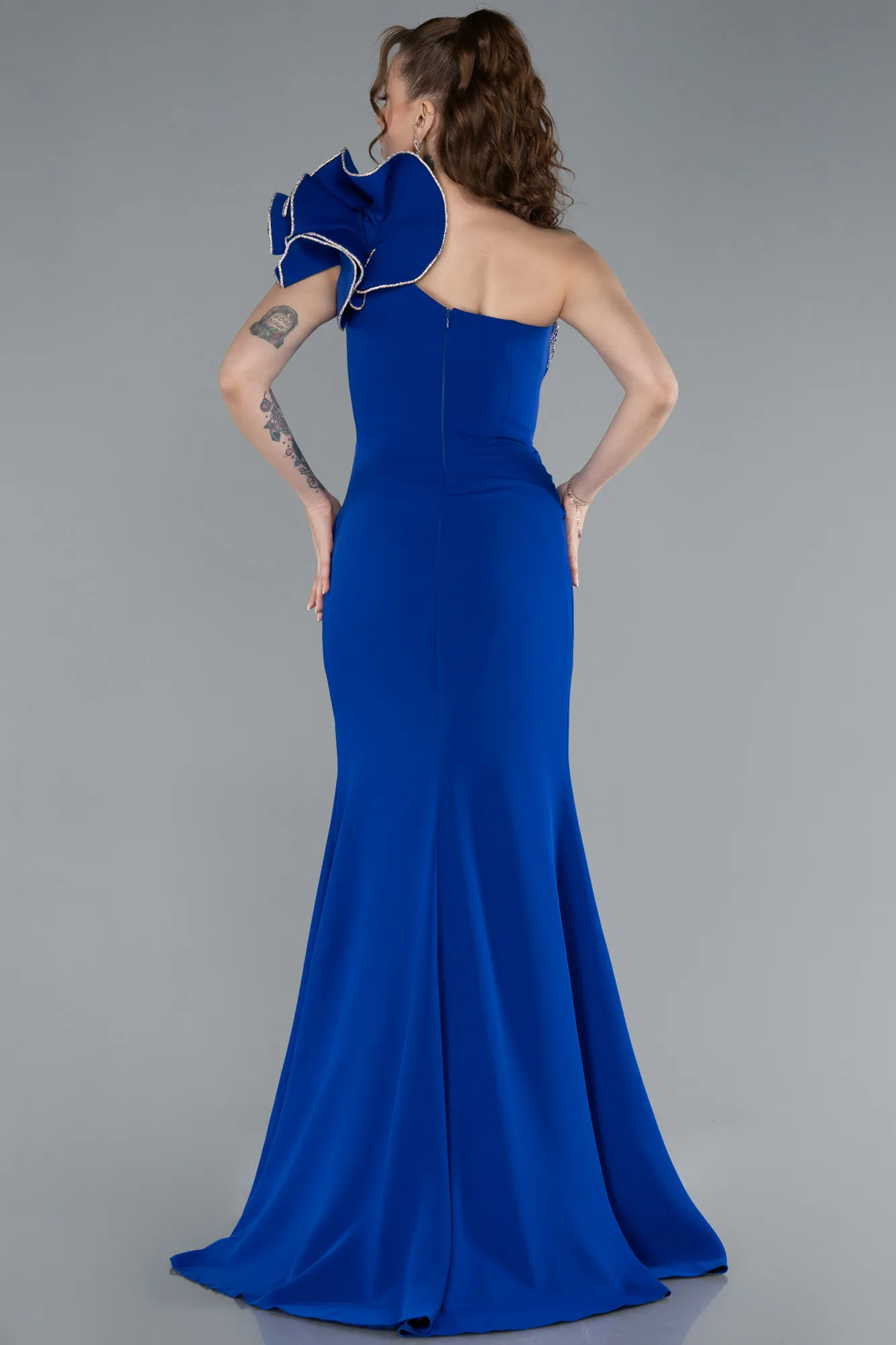 Sax Blue-One Shoulder Slit Long Evening Gown ABU4692
