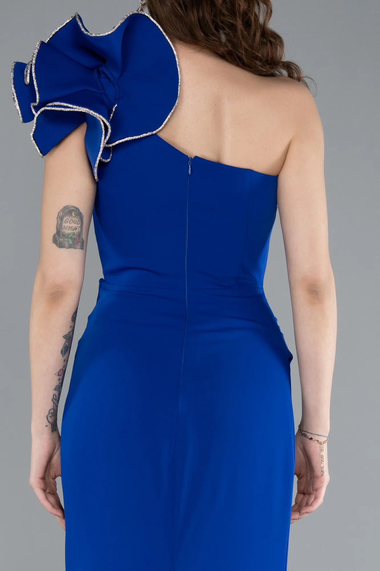 Sax Blue-One Shoulder Slit Long Evening Gown ABU4692