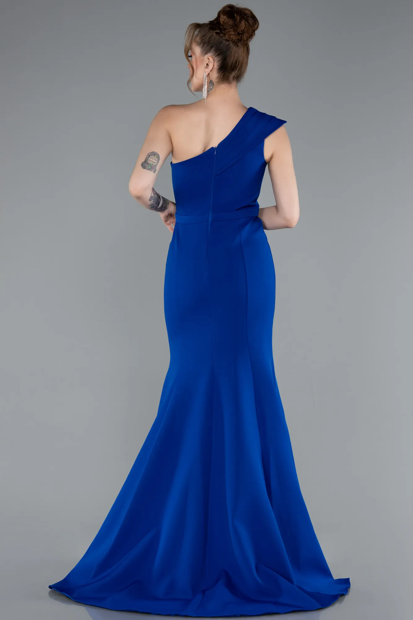 Sax Blue-One Shoulder Slit Long Evening Gown ABU4793