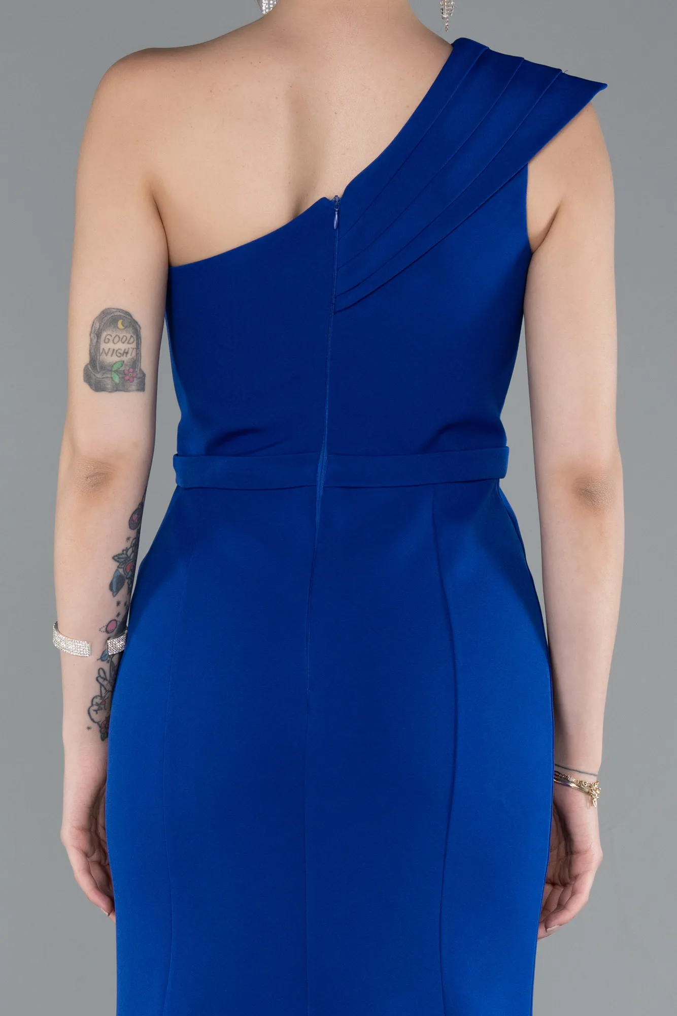 Sax Blue-One Shoulder Slit Long Evening Gown ABU4793