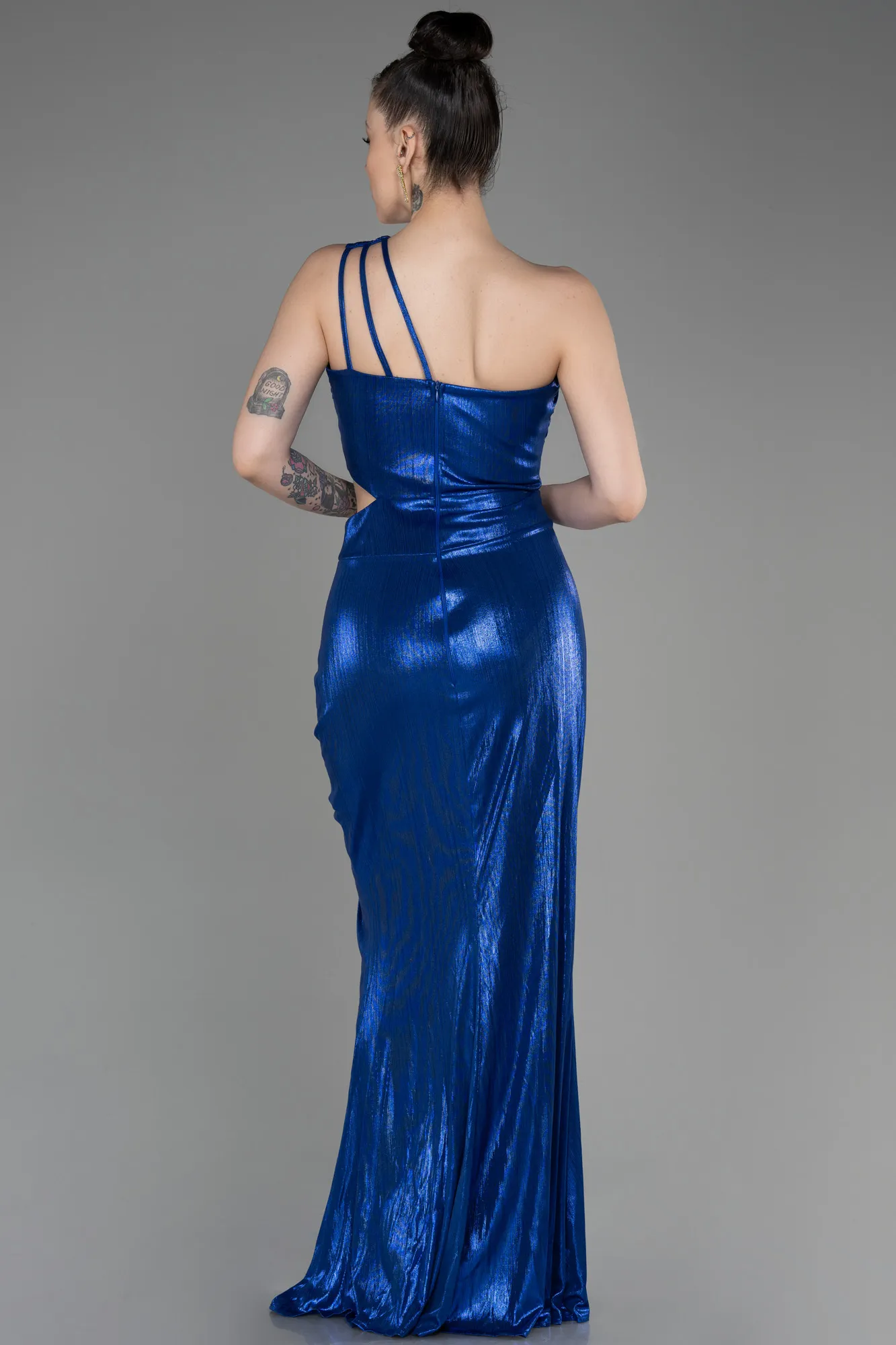 Sax Blue-One-Shoulder Slit Long Prom Dress ABU3848
