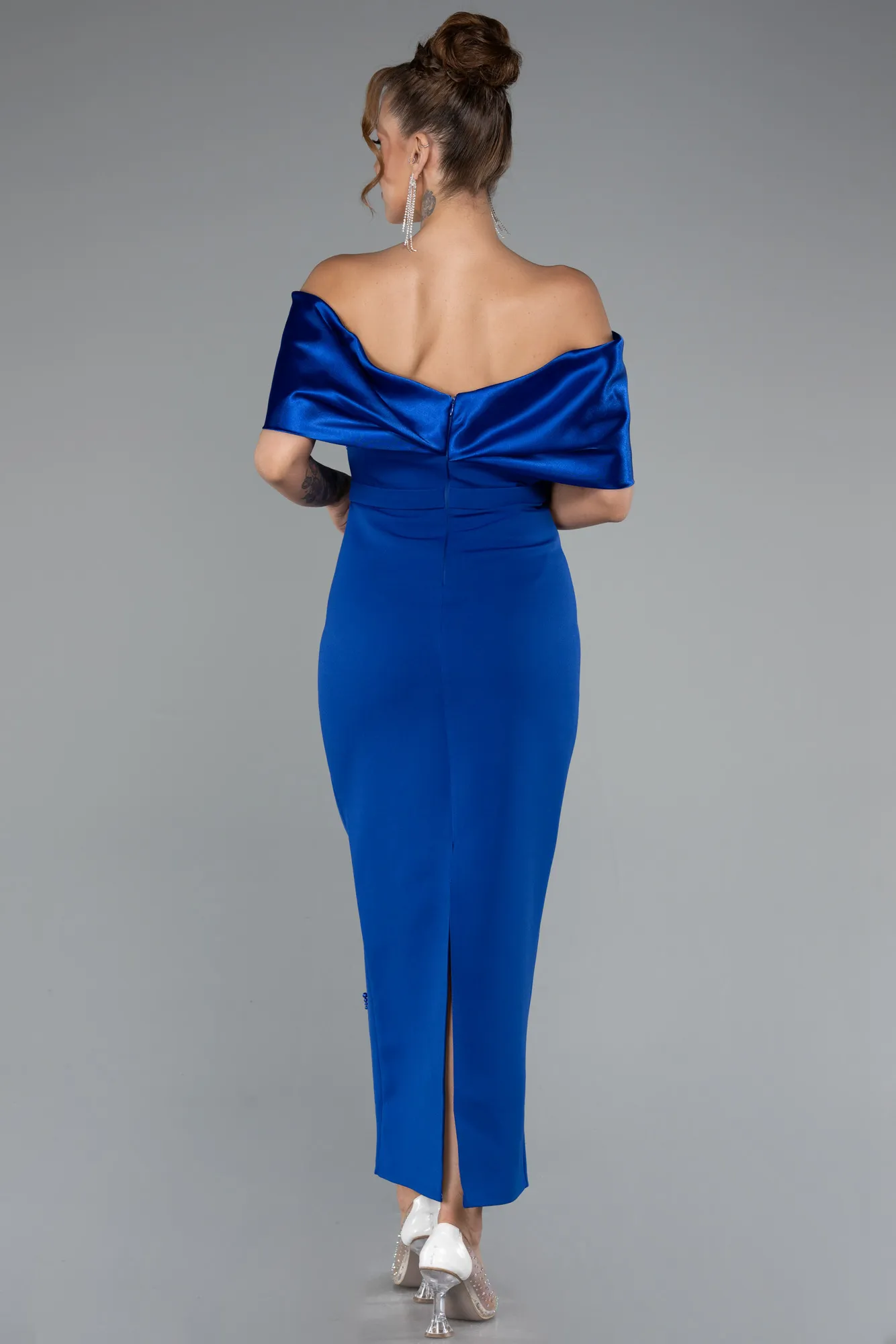 Sax Blue-Satin Boat Neck Stone Midi Evening Dress ABK2212