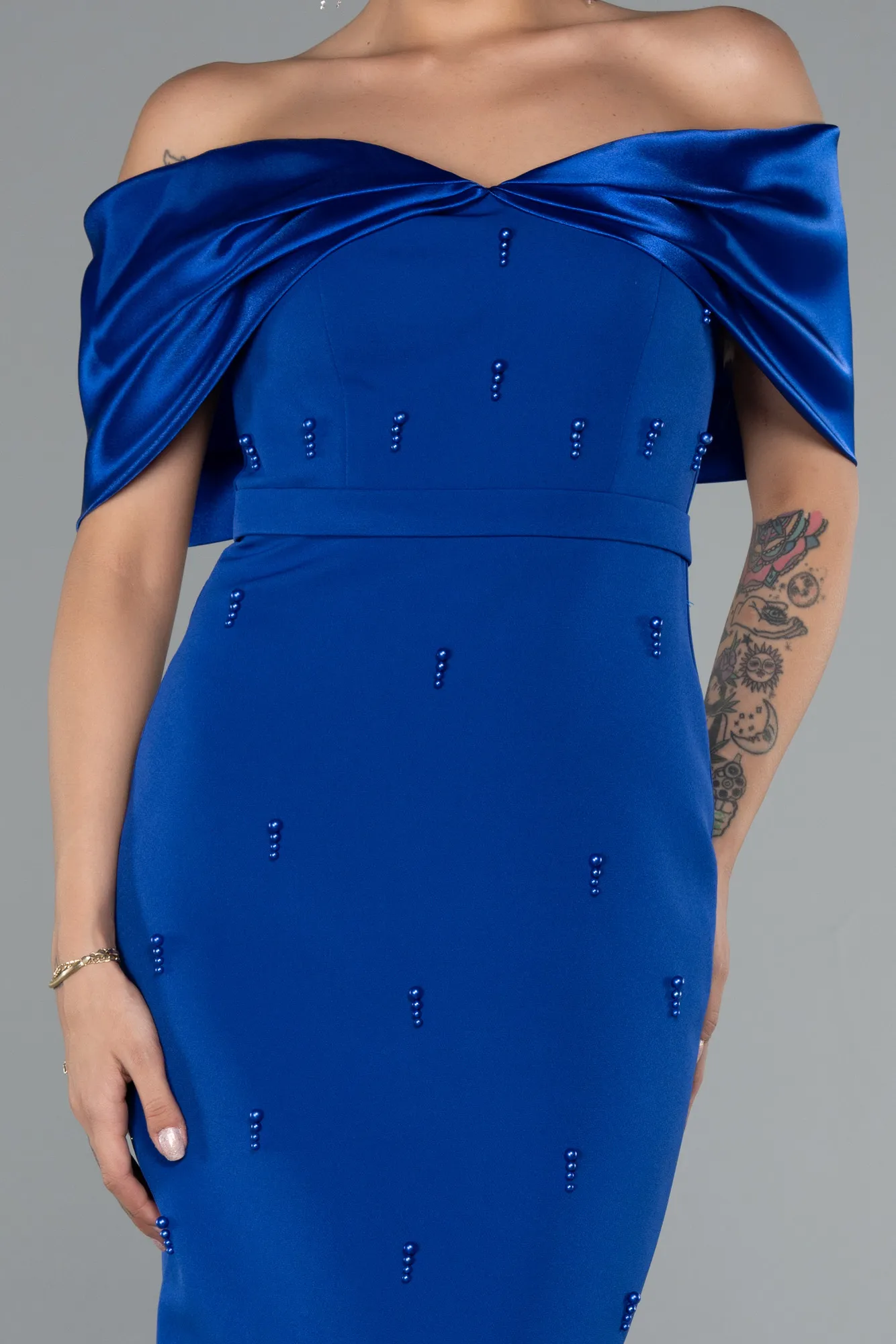 Sax Blue-Satin Boat Neck Stone Midi Evening Dress ABK2212
