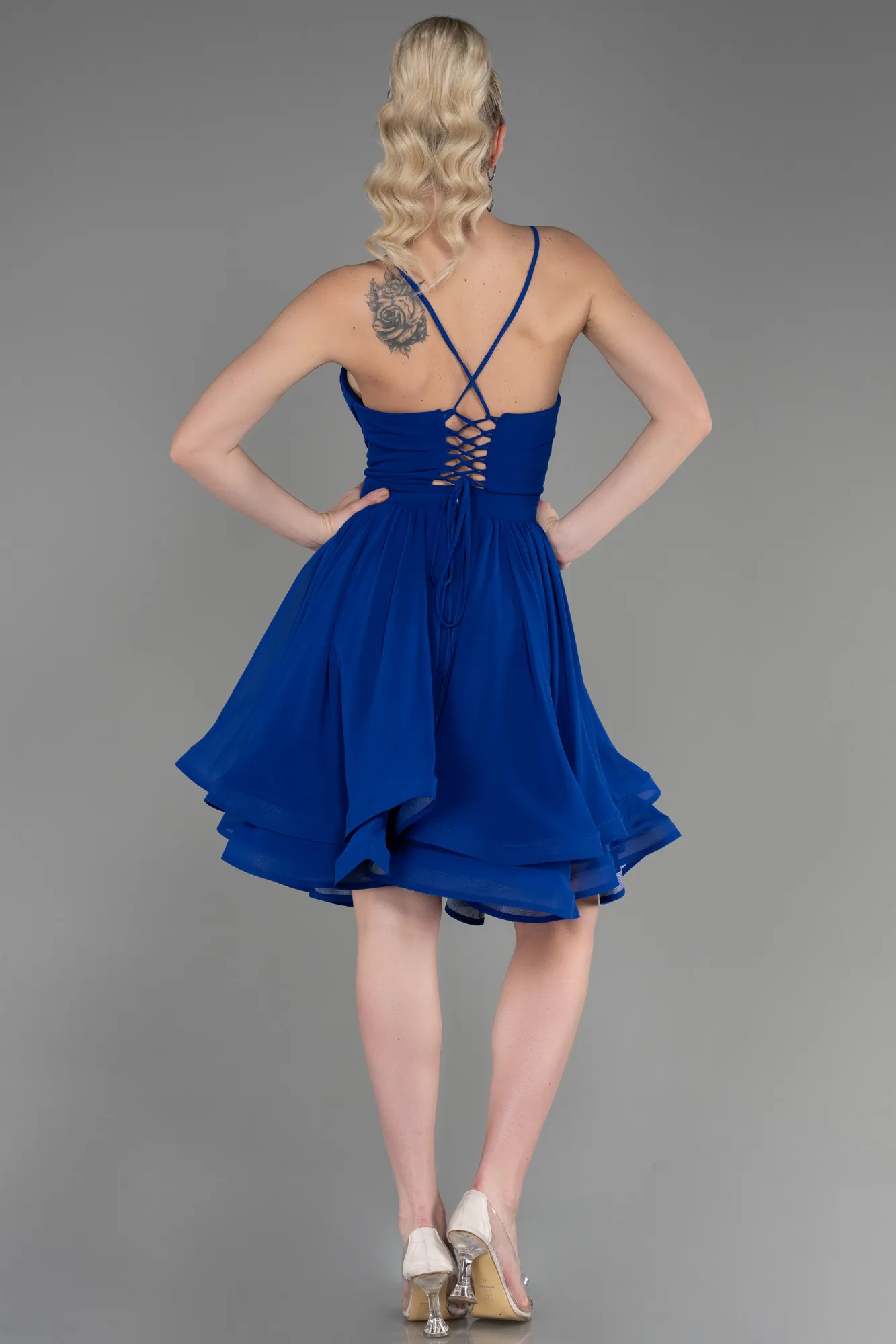 Sax Blue-Short Chiffon Evening Dress ABK1984