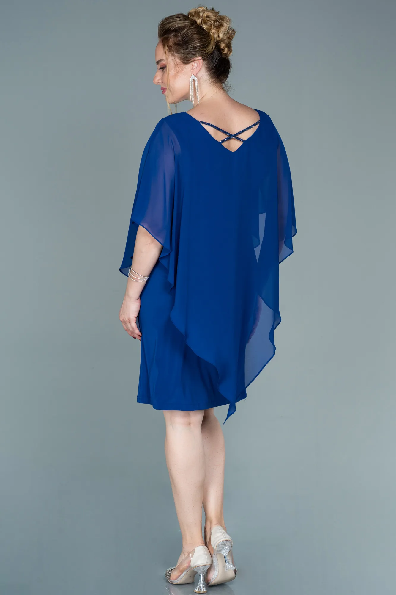 Sax Blue-Short Chiffon Plus Size Evening Dress ABK1494