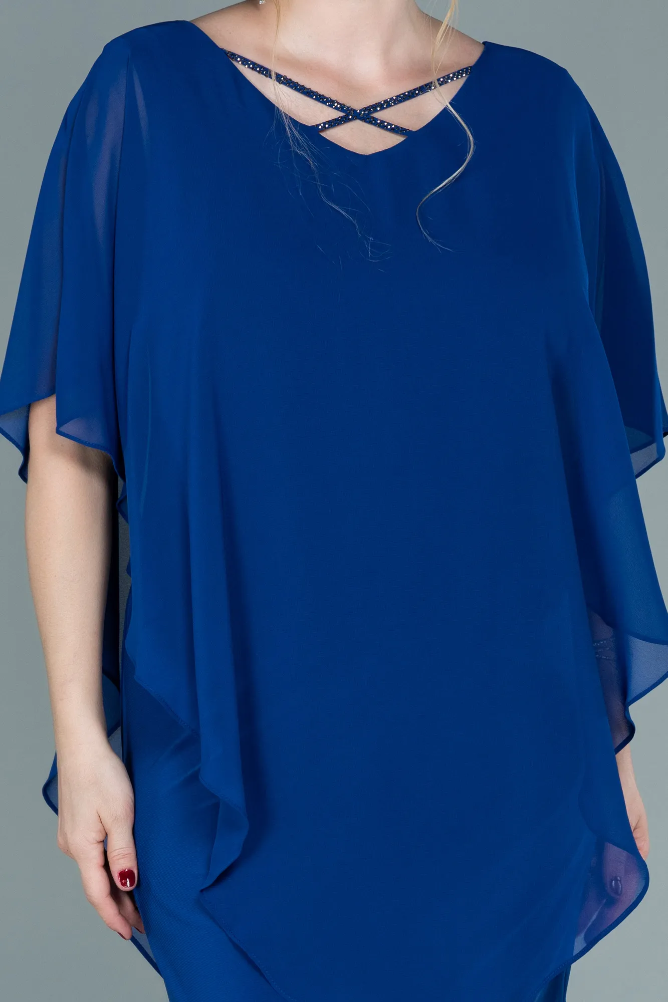 Sax Blue-Short Chiffon Plus Size Evening Dress ABK1494