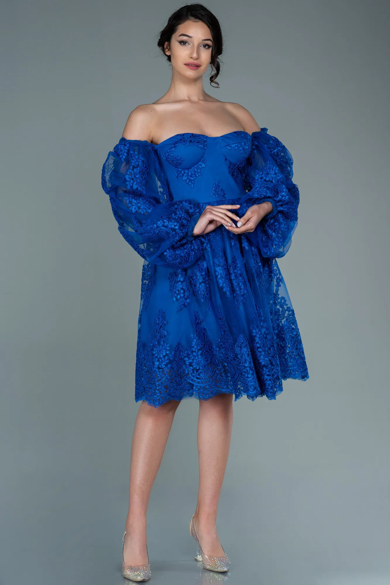 Sax Blue-Short Laced Invitation Dress ABK1549