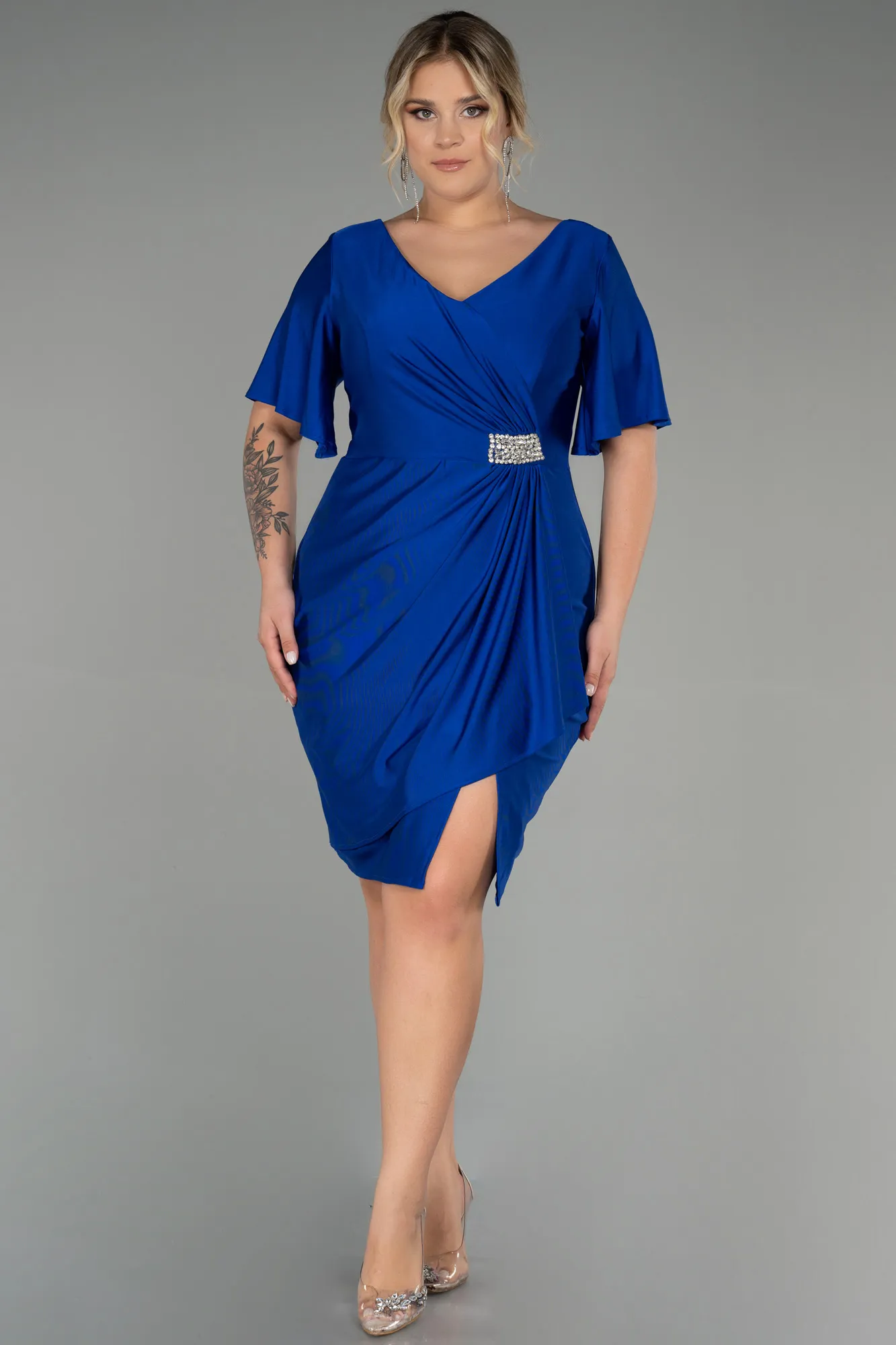 Sax Blue-Short Plus Size Evening Dress ABK1824