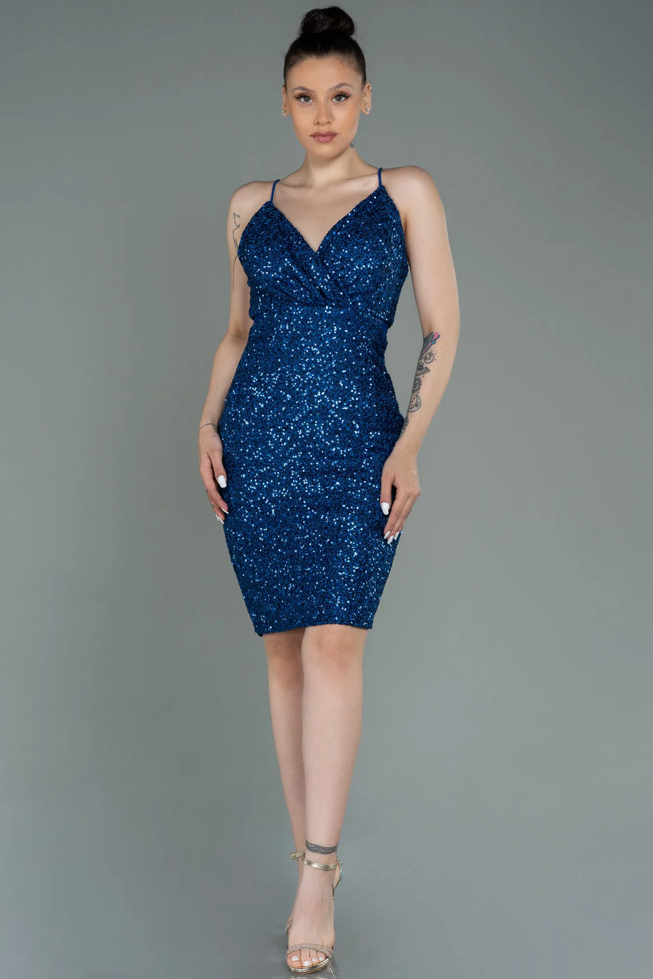 Sax Blue-Short Scaly Invitation Dress ABK1763
