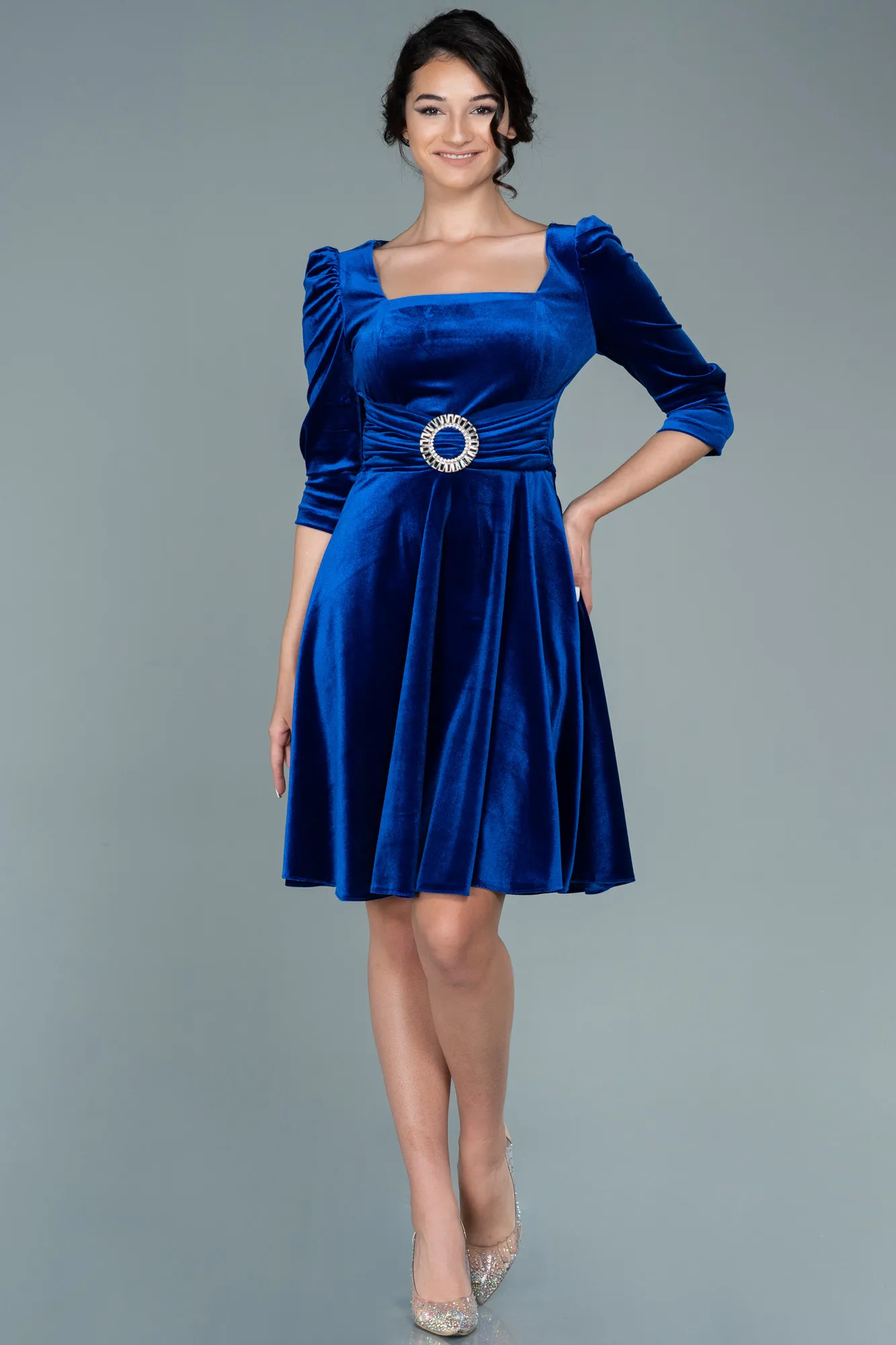 Sax Blue-Short Velvet Invitation Dress ABK1514