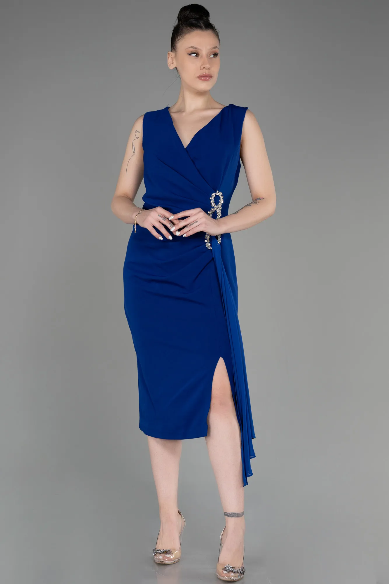 Sax Blue-Sleeveless Midi Plus Size Invitation Dress ABK2057