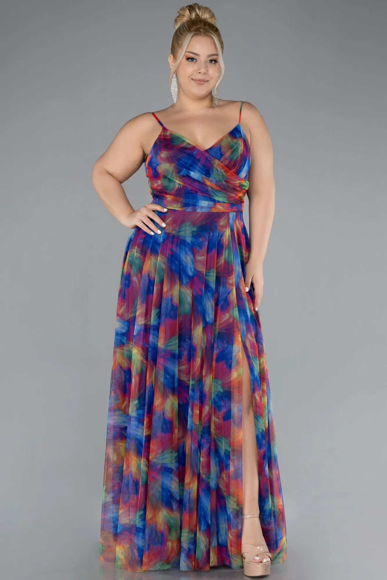 Sax Blue-Slit Long Patterned Plus Size Prom Dress ABU4355