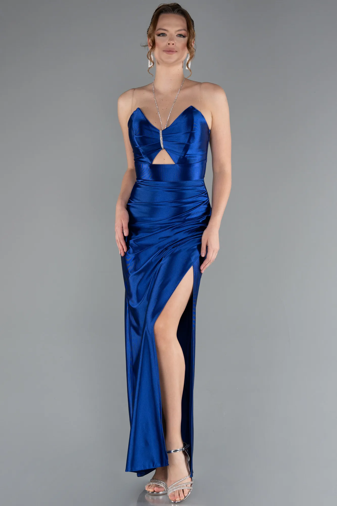 Sax Blue-Slit Satin Long Prom Dress ABU4884