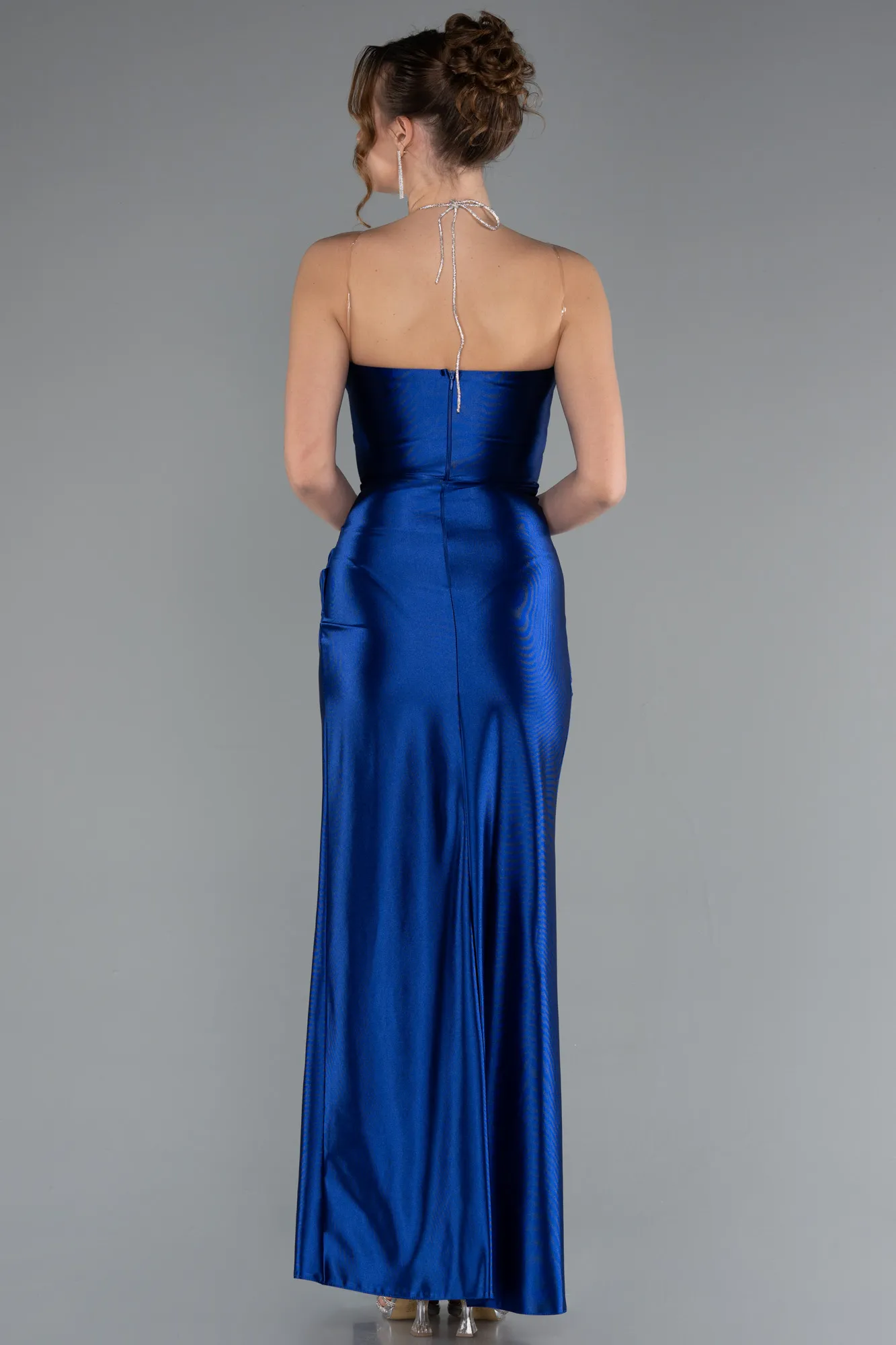 Sax Blue-Slit Satin Long Prom Dress ABU4884