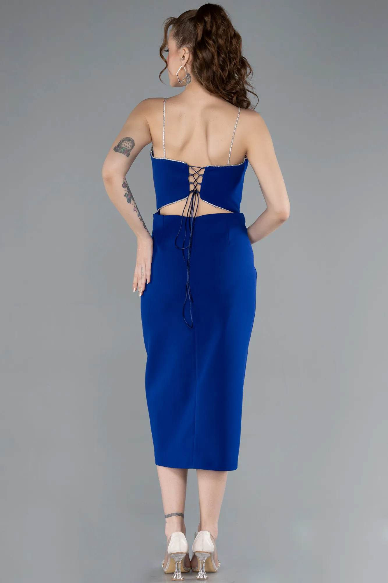 Sax Blue-Stone Strap Slit Midi Cocktail Dress ABK2250