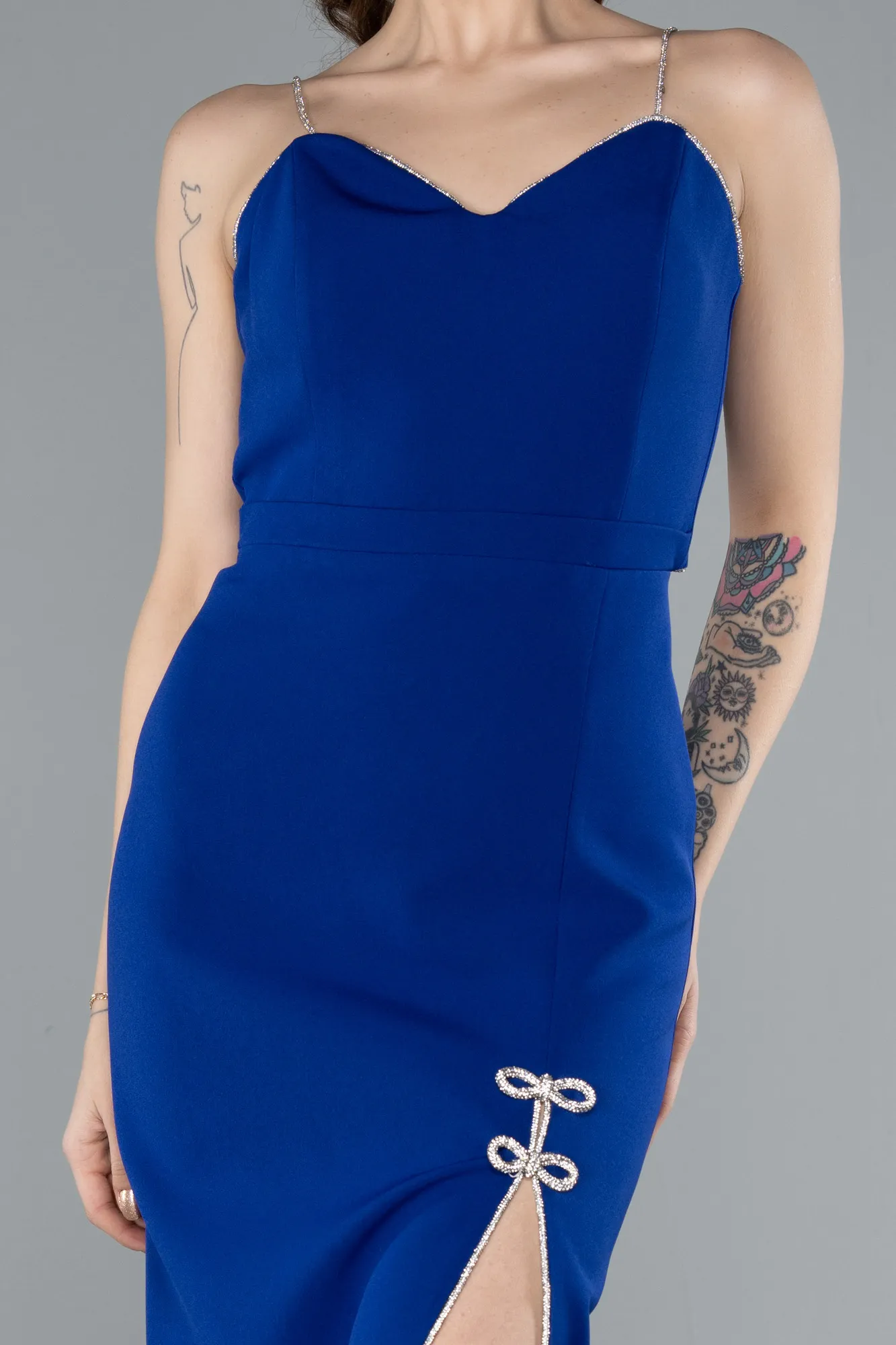 Sax Blue-Stone Strap Slit Midi Cocktail Dress ABK2250