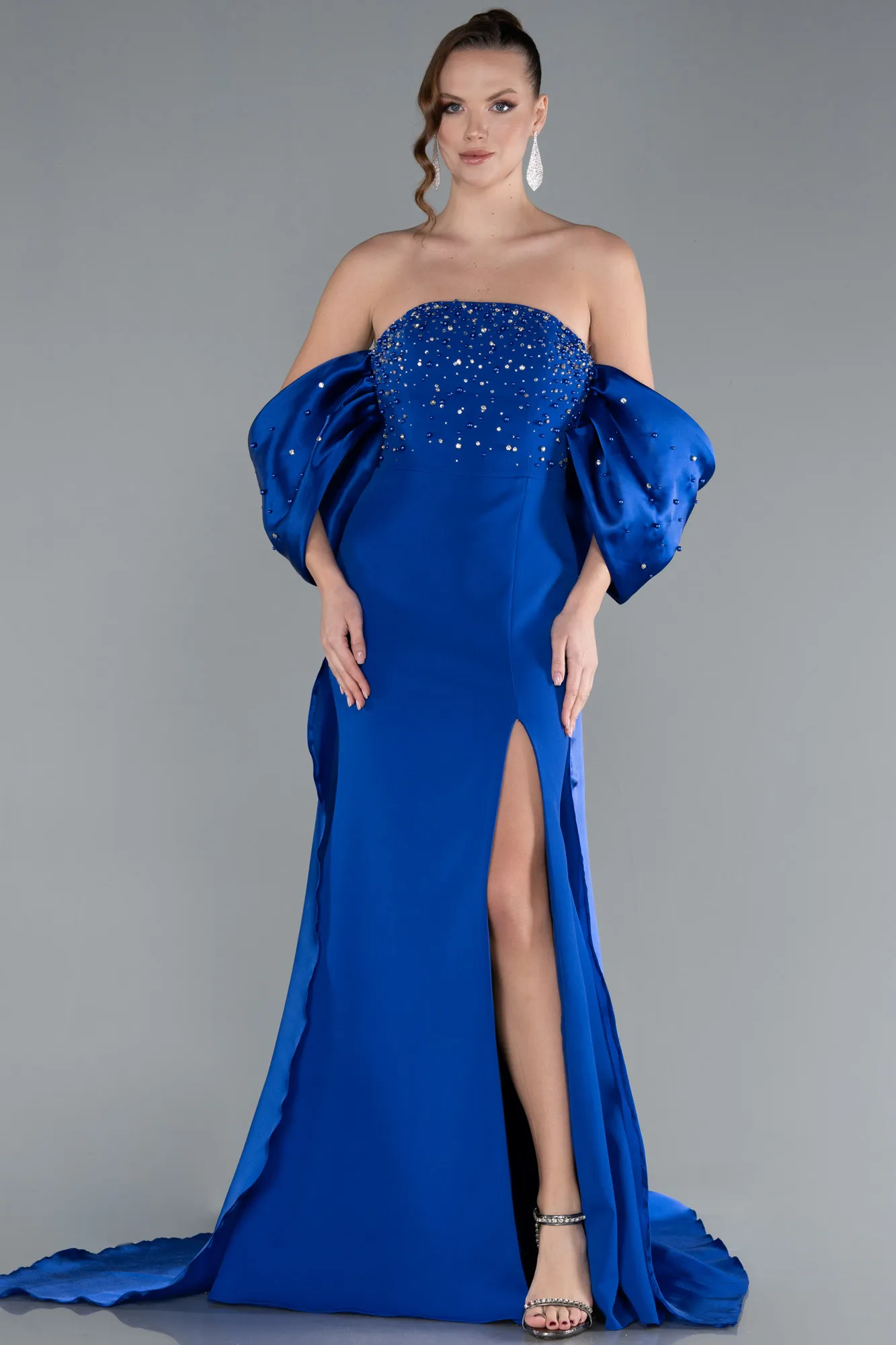 Sax Blue-Stoned Strapless Slit Tail Long Evening Gown ABU4736
