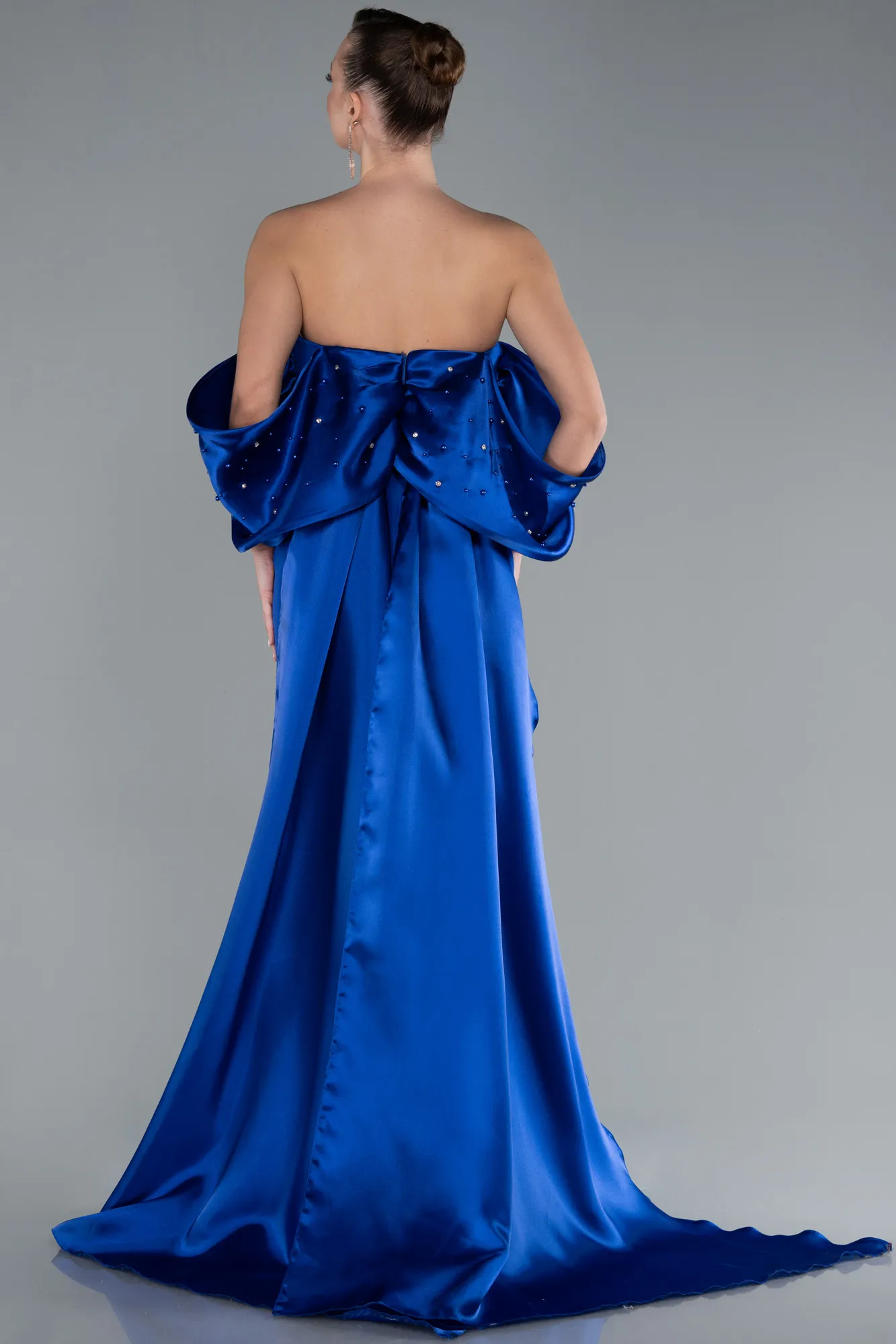 Sax Blue-Stoned Strapless Slit Tail Long Evening Gown ABU4736